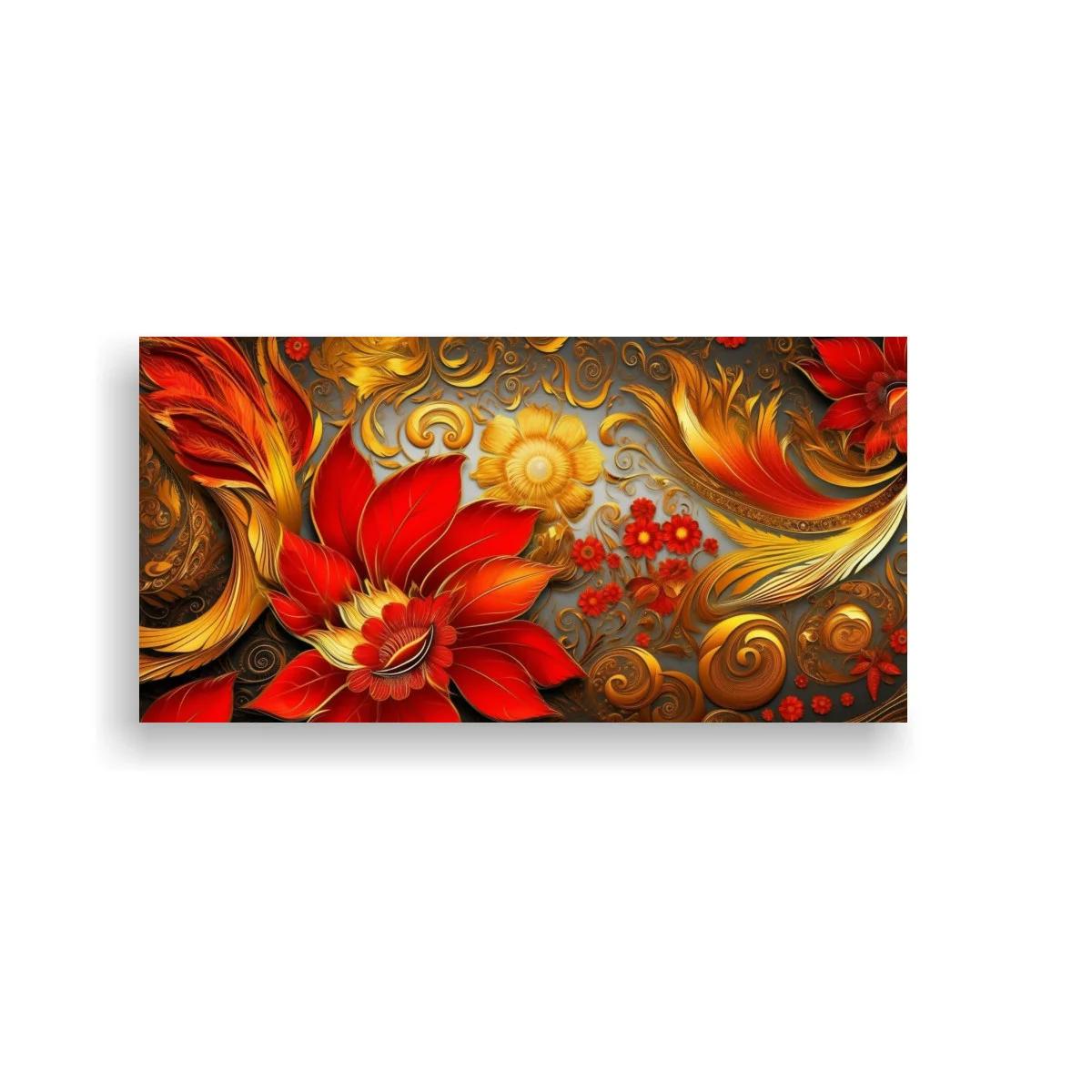 Cuadro flor roja tipo dalia con detalles dorados