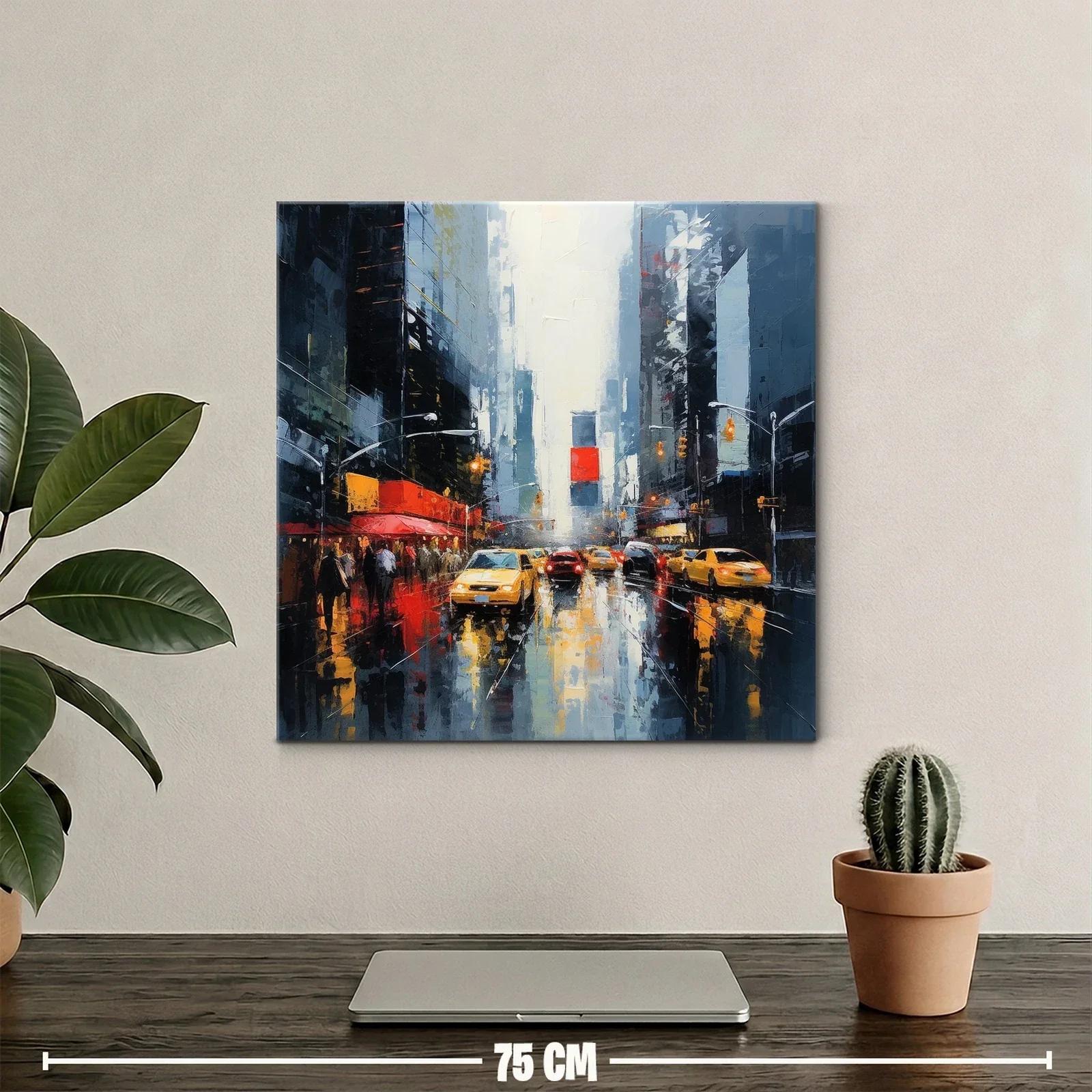 Escena urbana vibrante de ciudad bajo la lluvia con taxis amarillos — miniatura 2