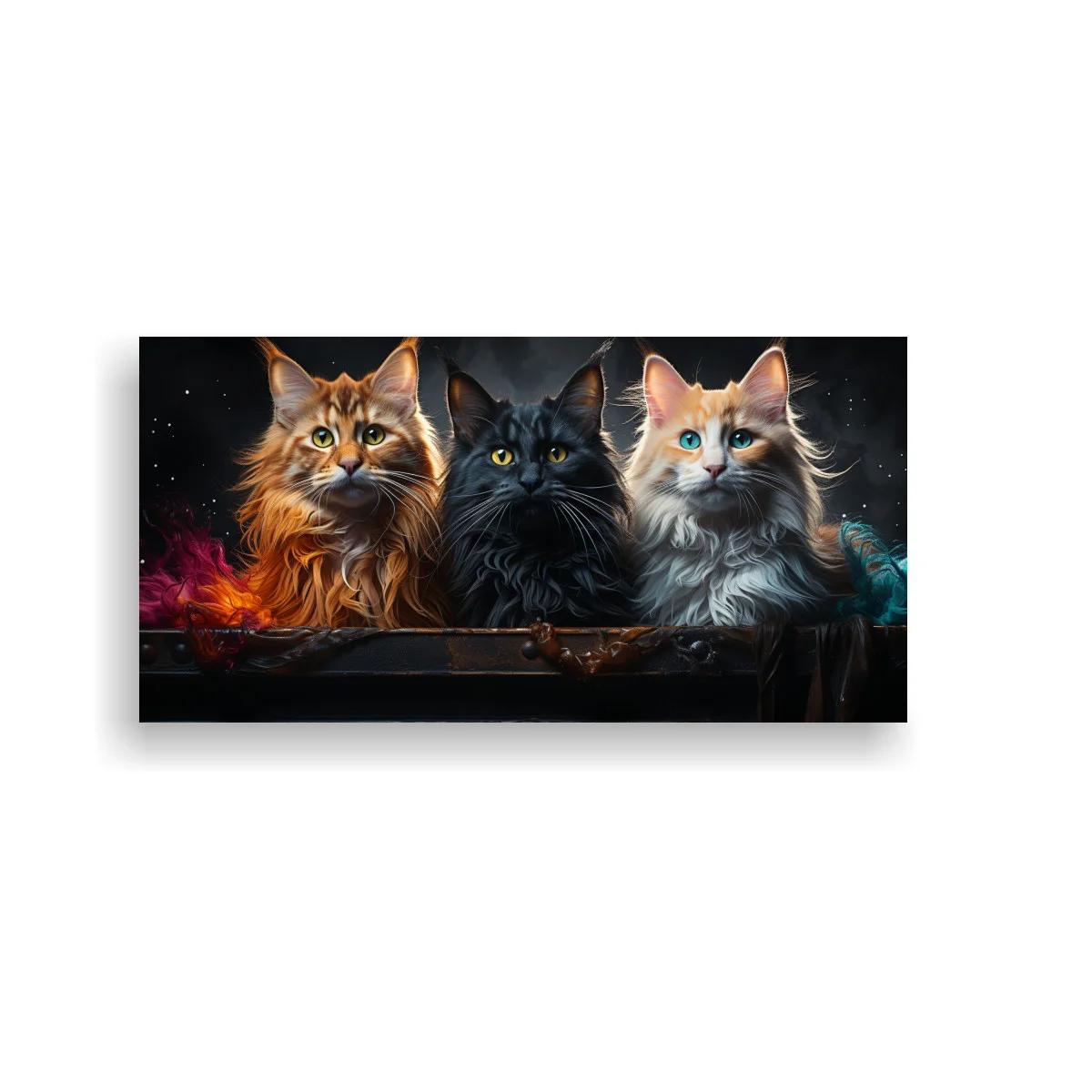 Cuadro tres gatos de pelo largo con destellos turquesa y anaranjados