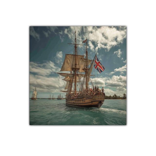 Barco antiguo con velas y bandera británica en el mar