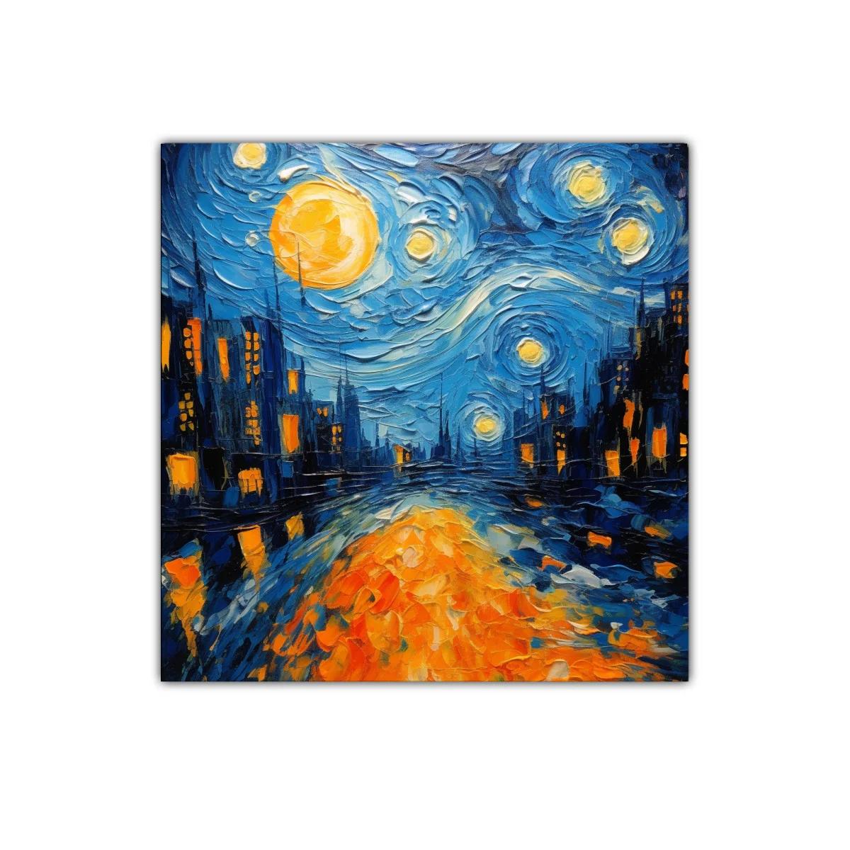 Calle nocturna iluminada en tonos azules y naranjas vibrantes — imagen principal