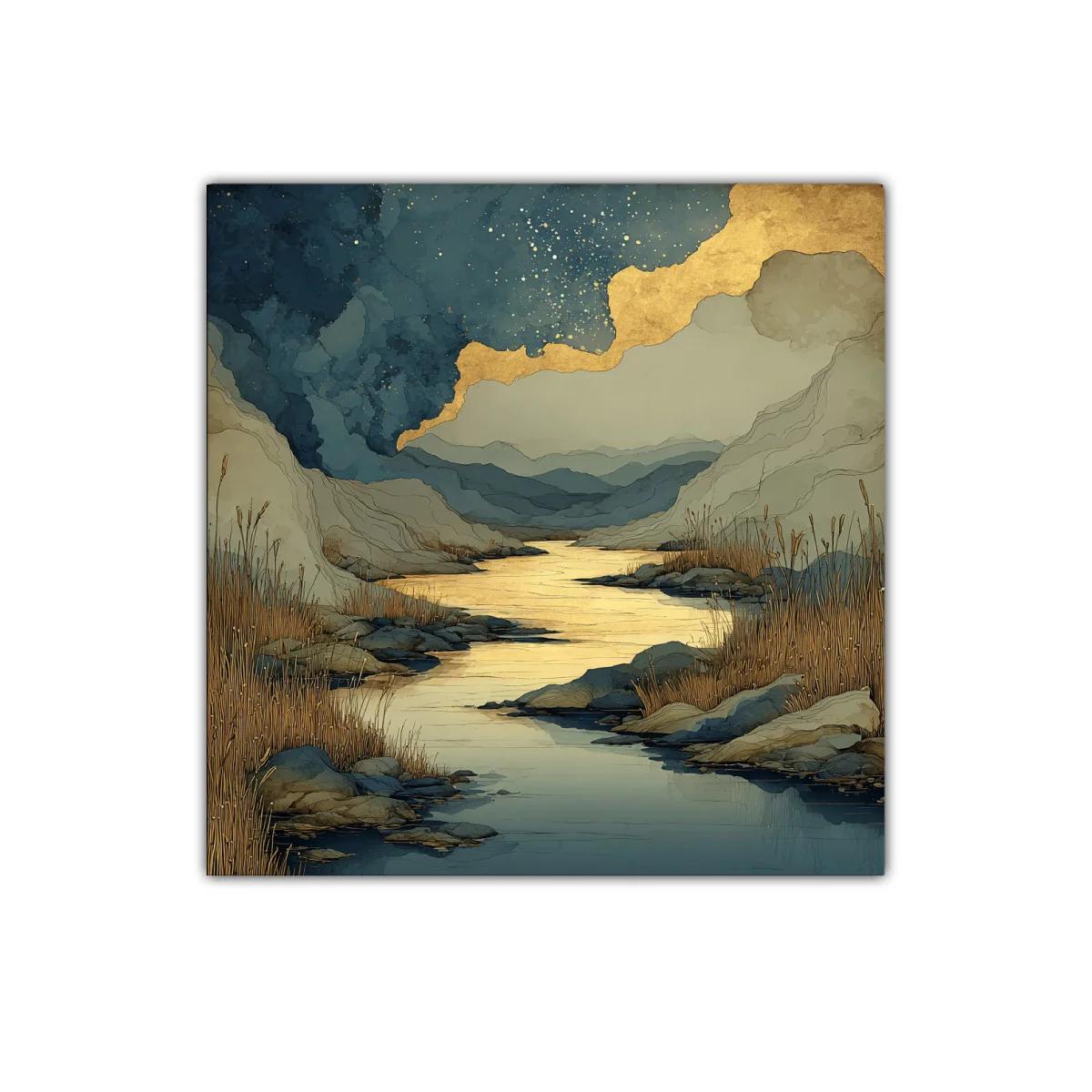 Paisaje sereno con río dorado y montañas azules