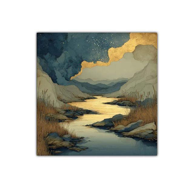 Paisaje sereno con río dorado y montañas azules