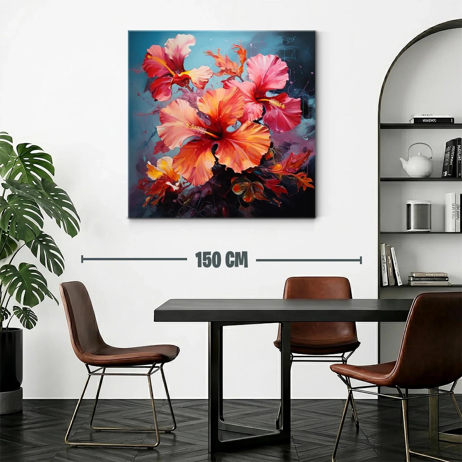 Cuadro floral con vibrantes tonos cálidos y fondo azul — miniatura 2