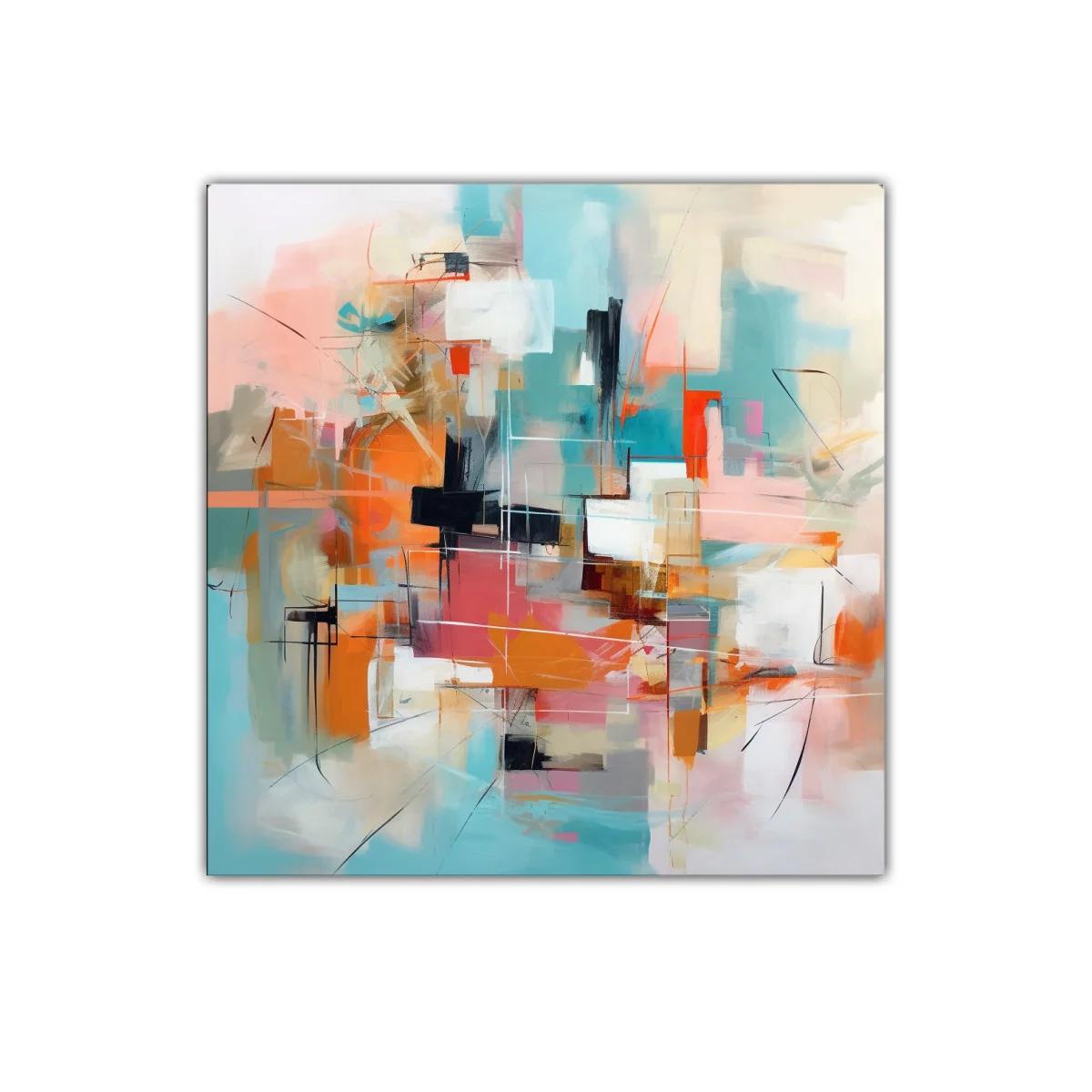 Cuadro abstracto con tonos cálidos y fríos en armonía