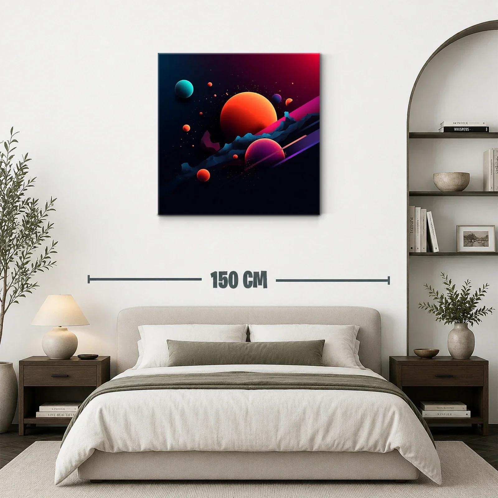 Cuadro abstracto con planetas vibrantes en espacio oscuro — miniatura 3