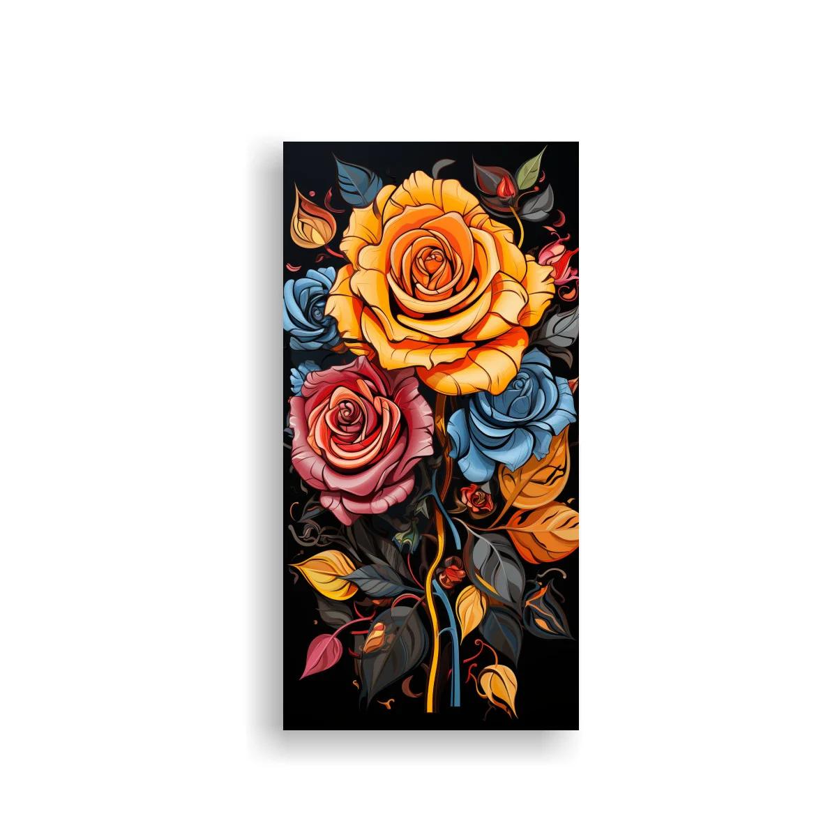 Cuadro rosa naranja con flores azules y fondo negro — imagen principal