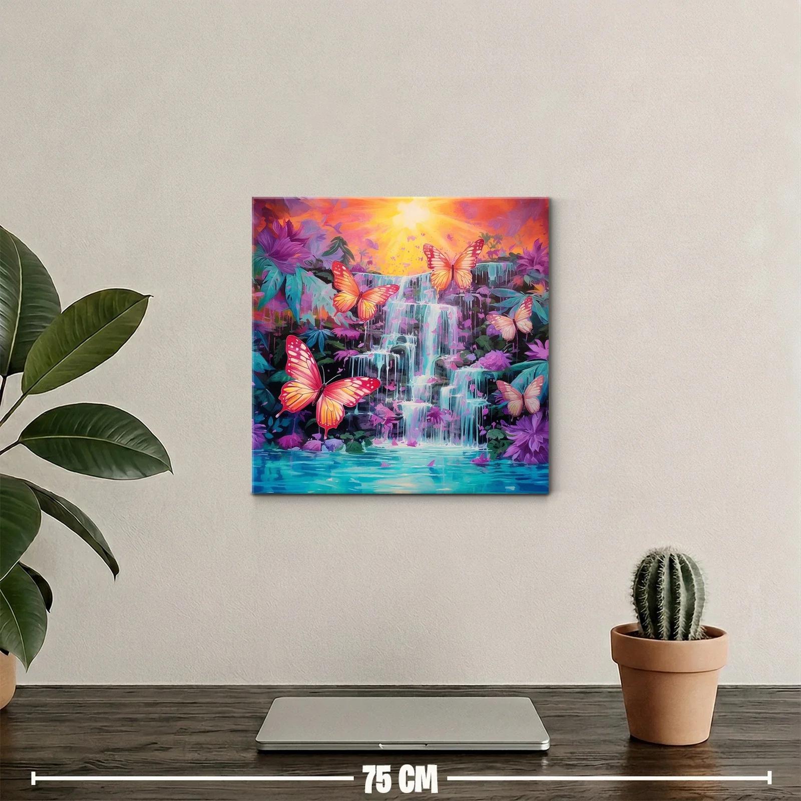 Mariposas vibrantes sobre cascada en paisaje de fantasía — miniatura 2