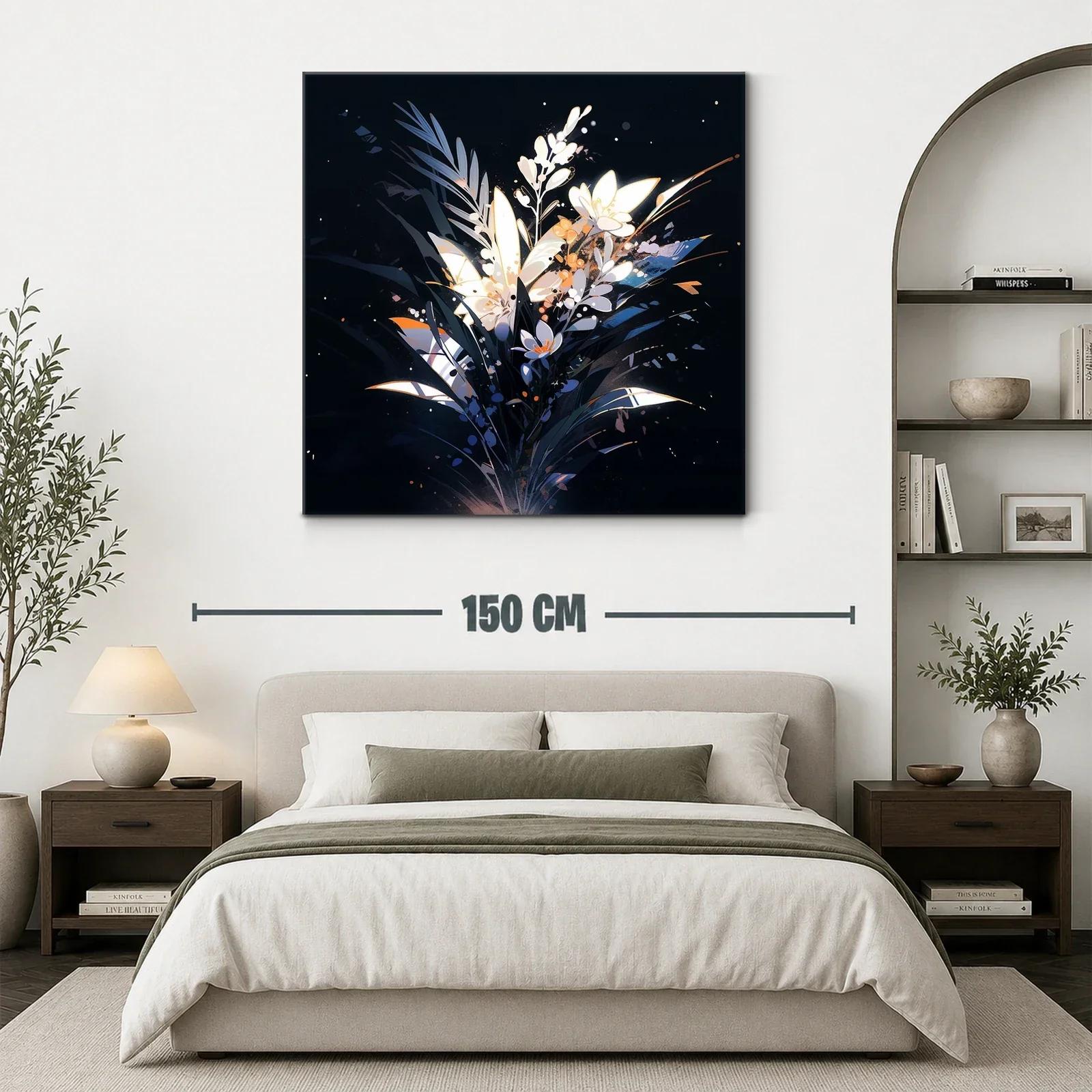 Cuadro moderno con ramo floral iluminado sobre fondo oscuro — miniatura 3