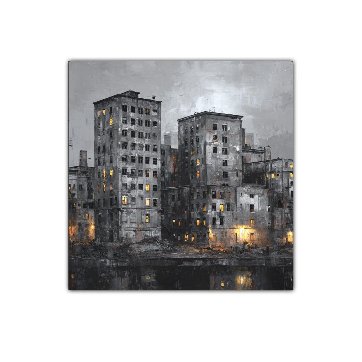 Paisaje urbano nocturno con arquitectura industrial y luces cálidas — imagen principal