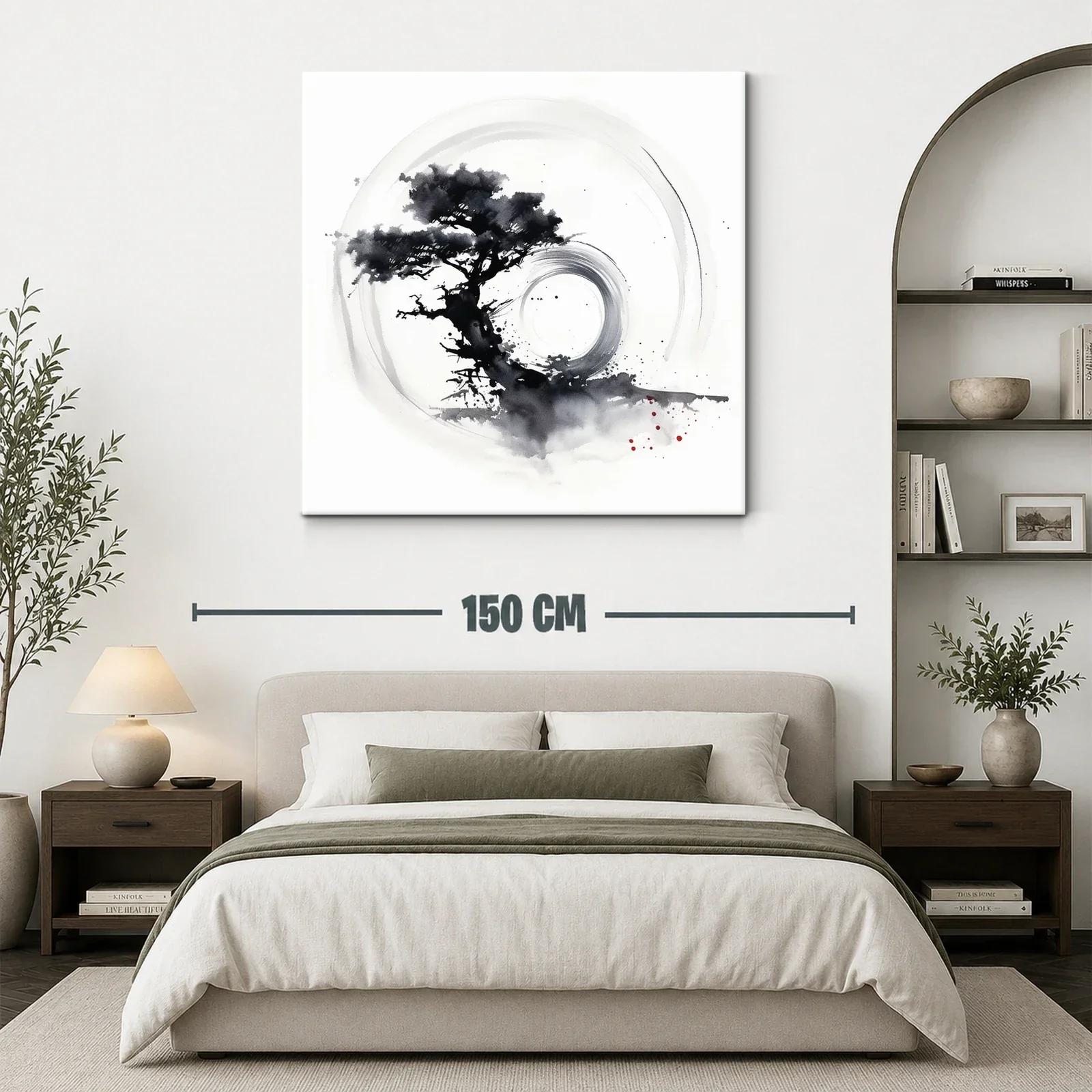 Cuadro árbol zen con círculo en tinta monocroma — miniatura 3