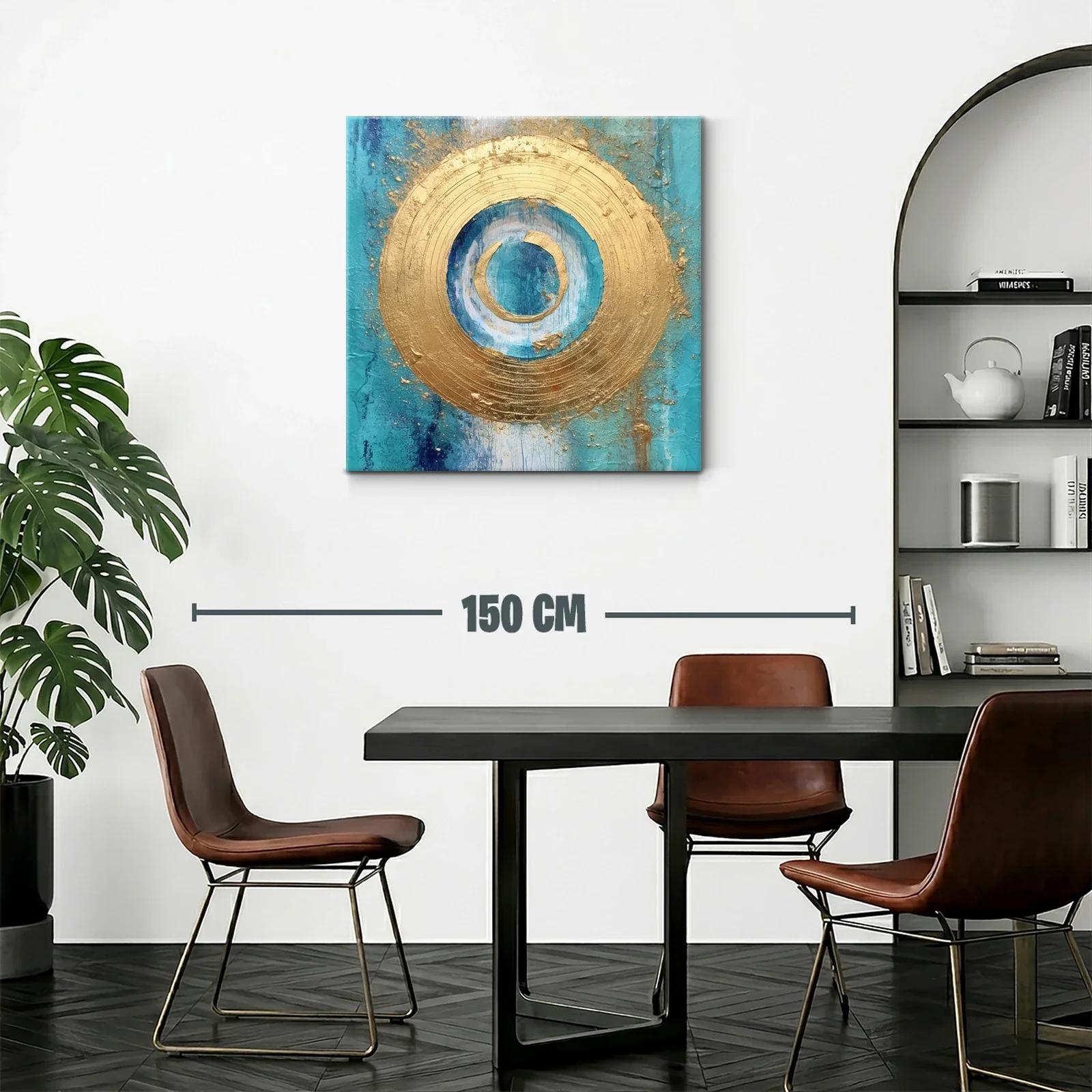 Cuadro abstracto con círculos dorados y fondo turquesa — miniatura 2
