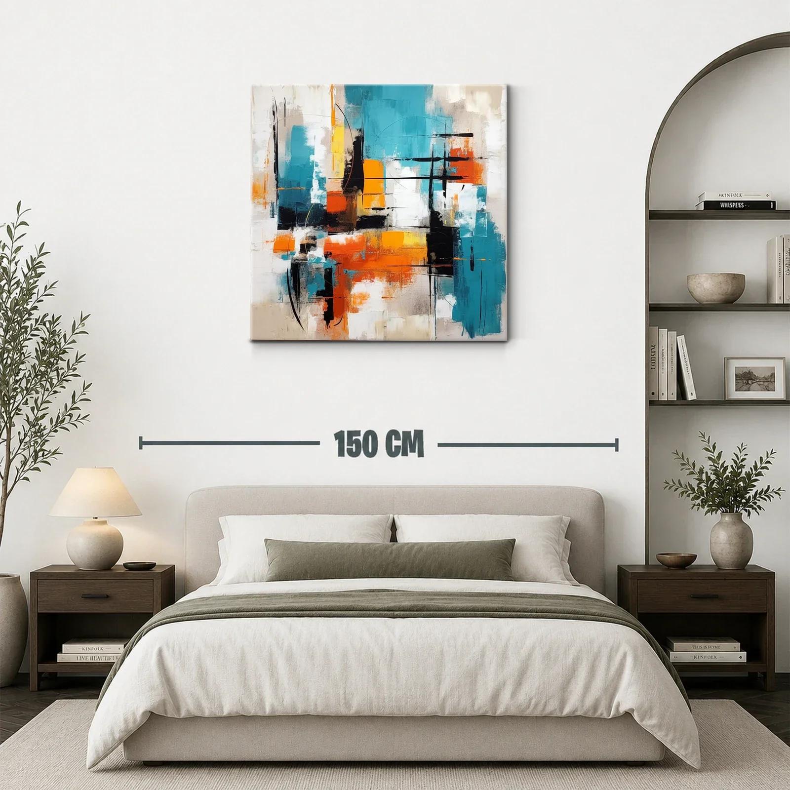 Cuadro abstracto vibrante con tonos turquesa y naranja — miniatura 3