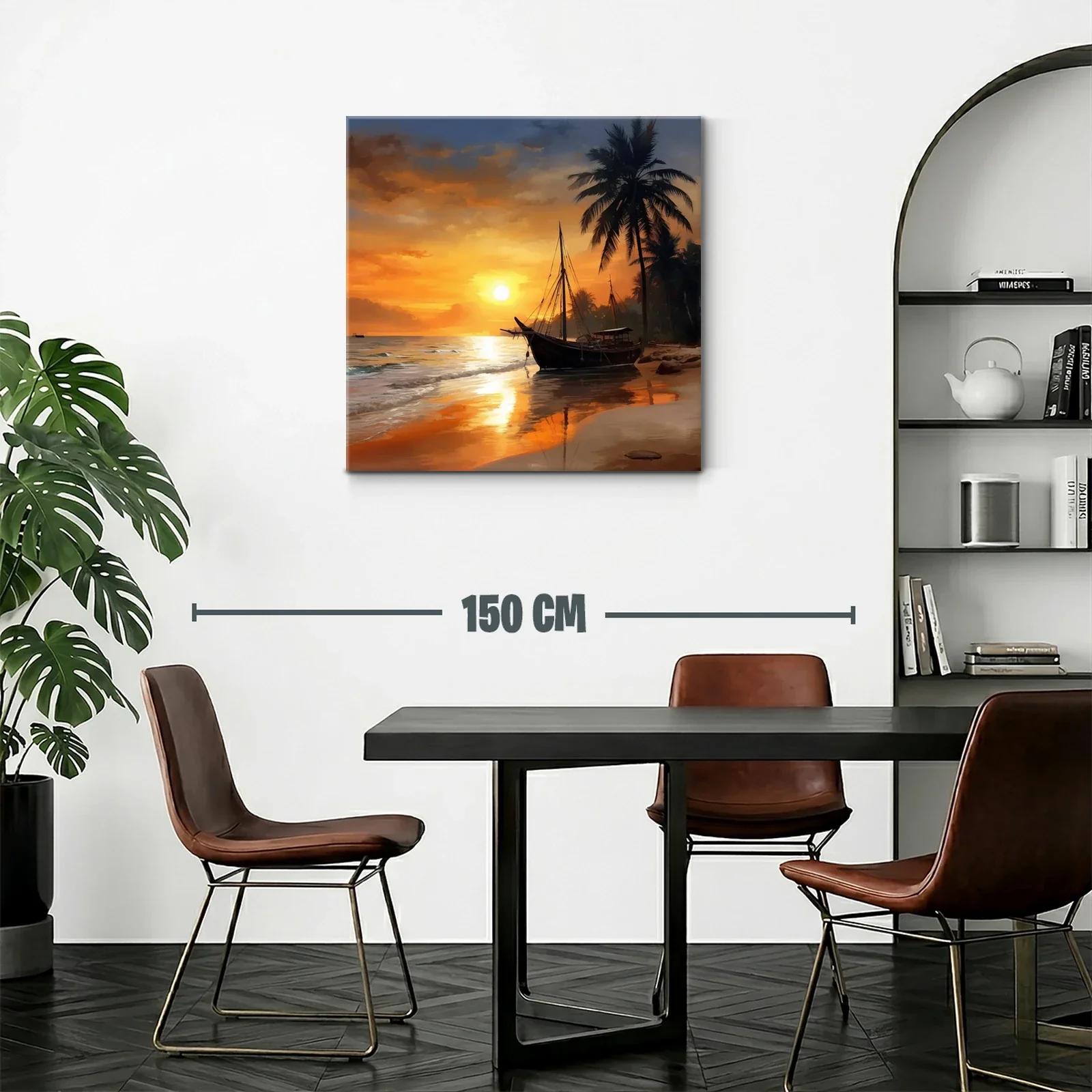 Atardecer en la playa con barco y palmeras — miniatura 2