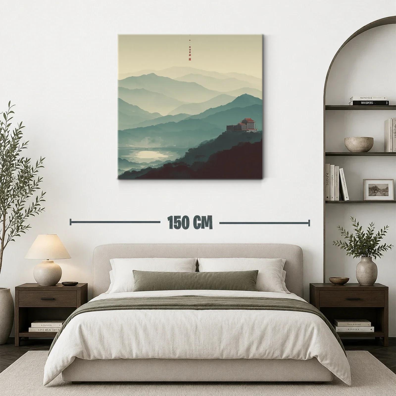Paisaje con montañas y templo tradicional en calma matutina — miniatura 3