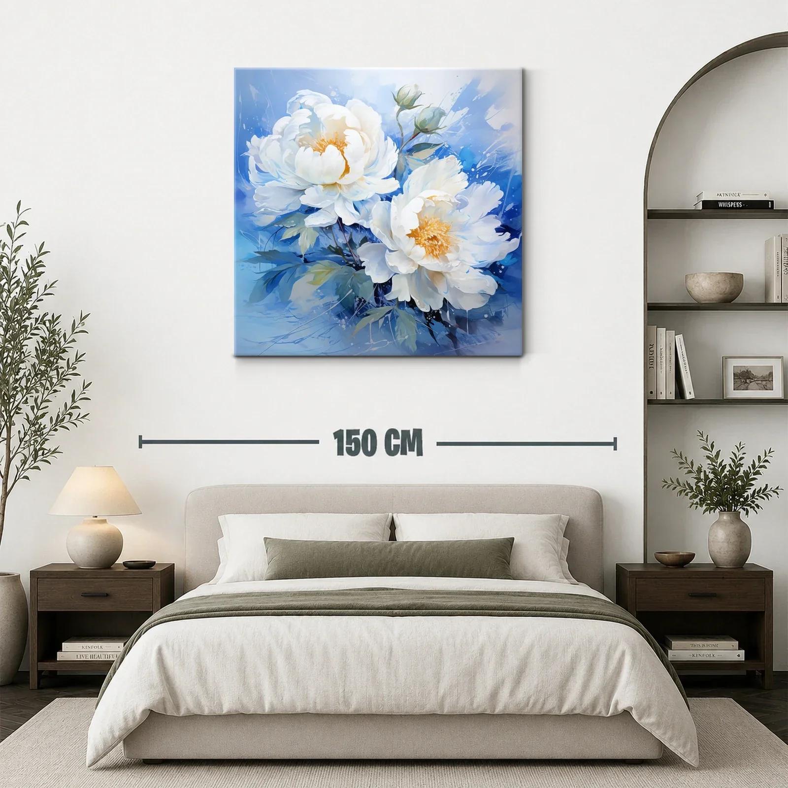 Cuadro floral con peonías blancas sobre fondo azul — miniatura 3