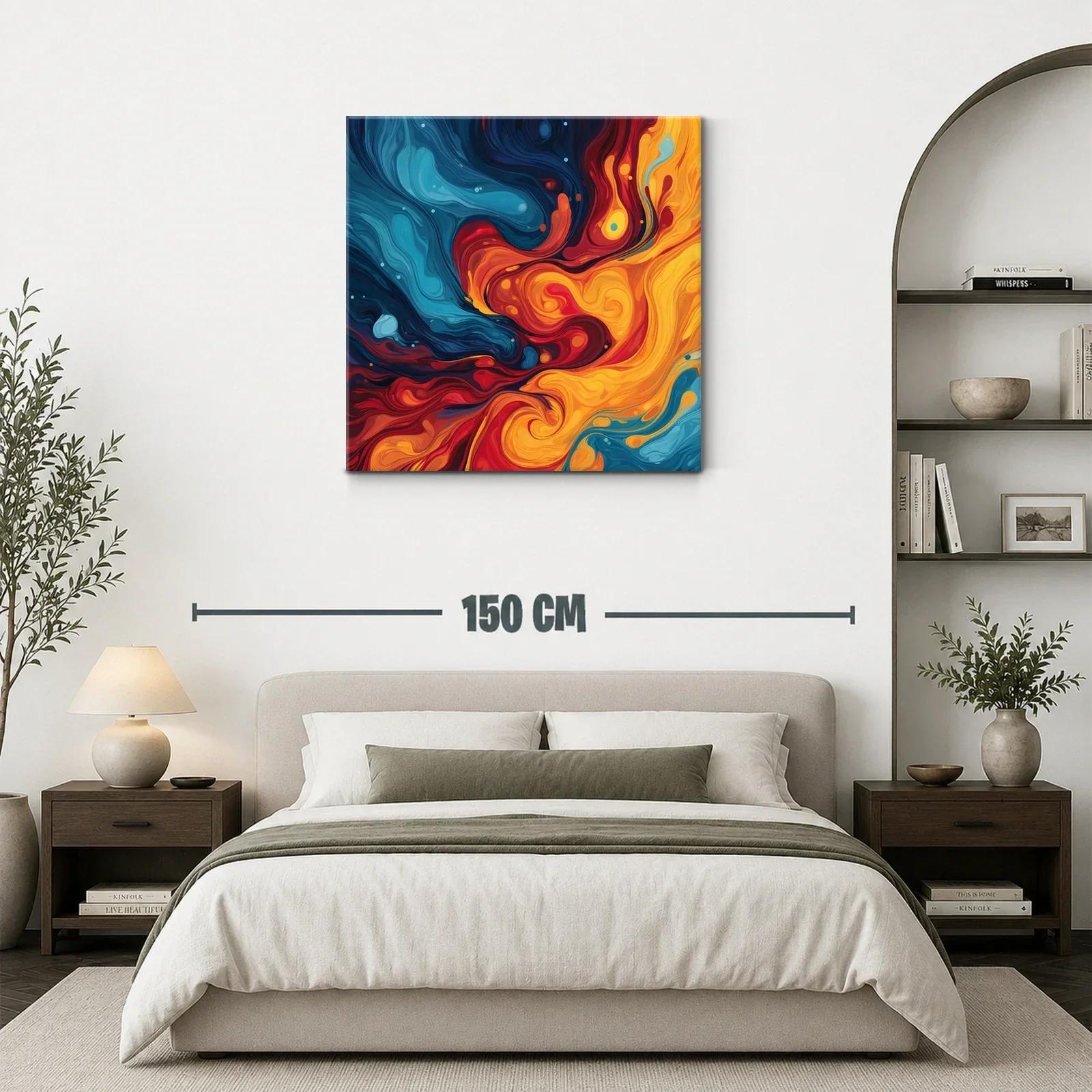 Cuadro abstracto con remolinos en tonos cálidos y fríos — miniatura 3