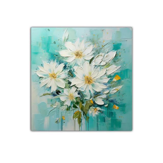 Cuadro decorativo con delicadas flores blancas y fondo azul turquesa