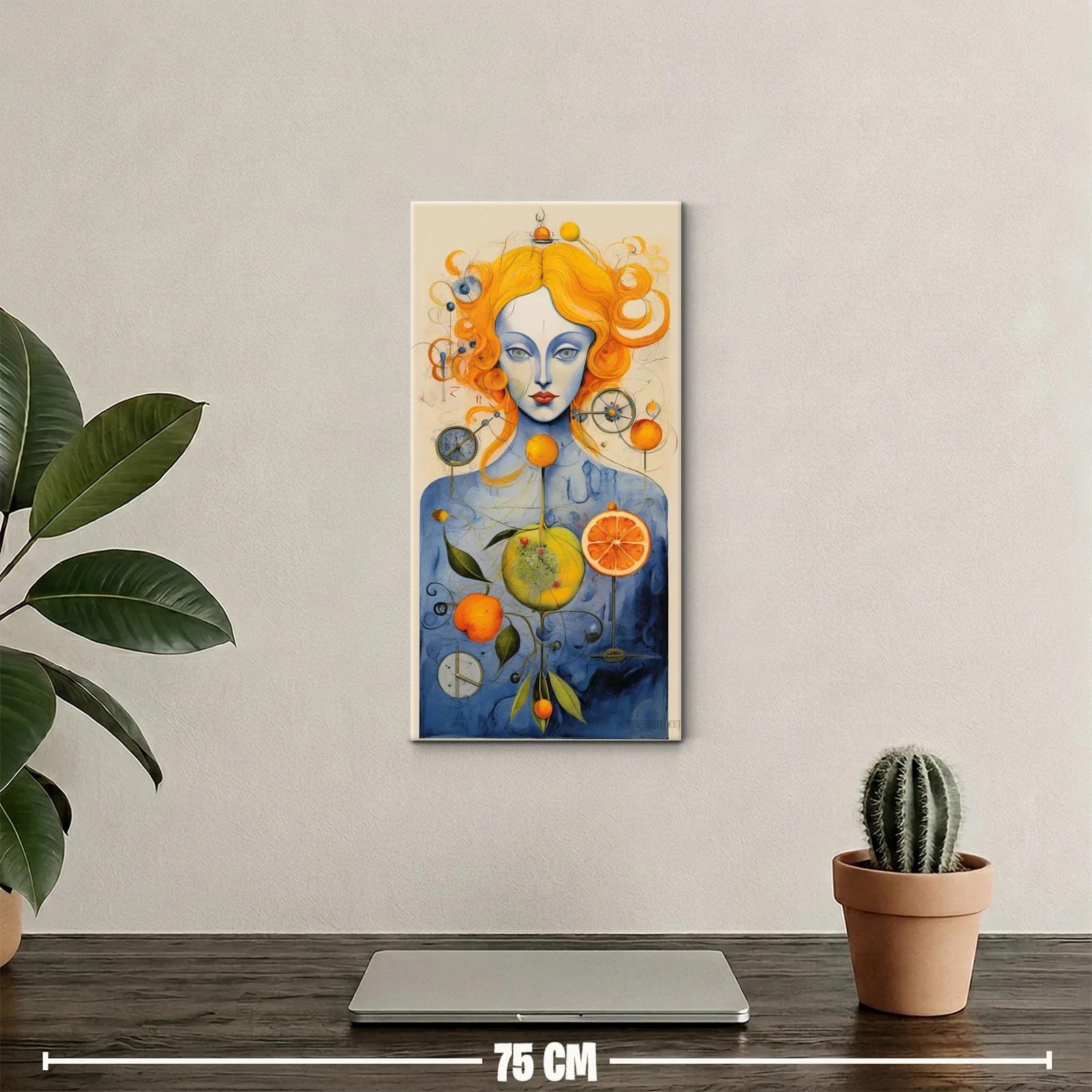 Cuadro mujer de cabello naranja con cítricos y círculos flotantes — miniatura 2