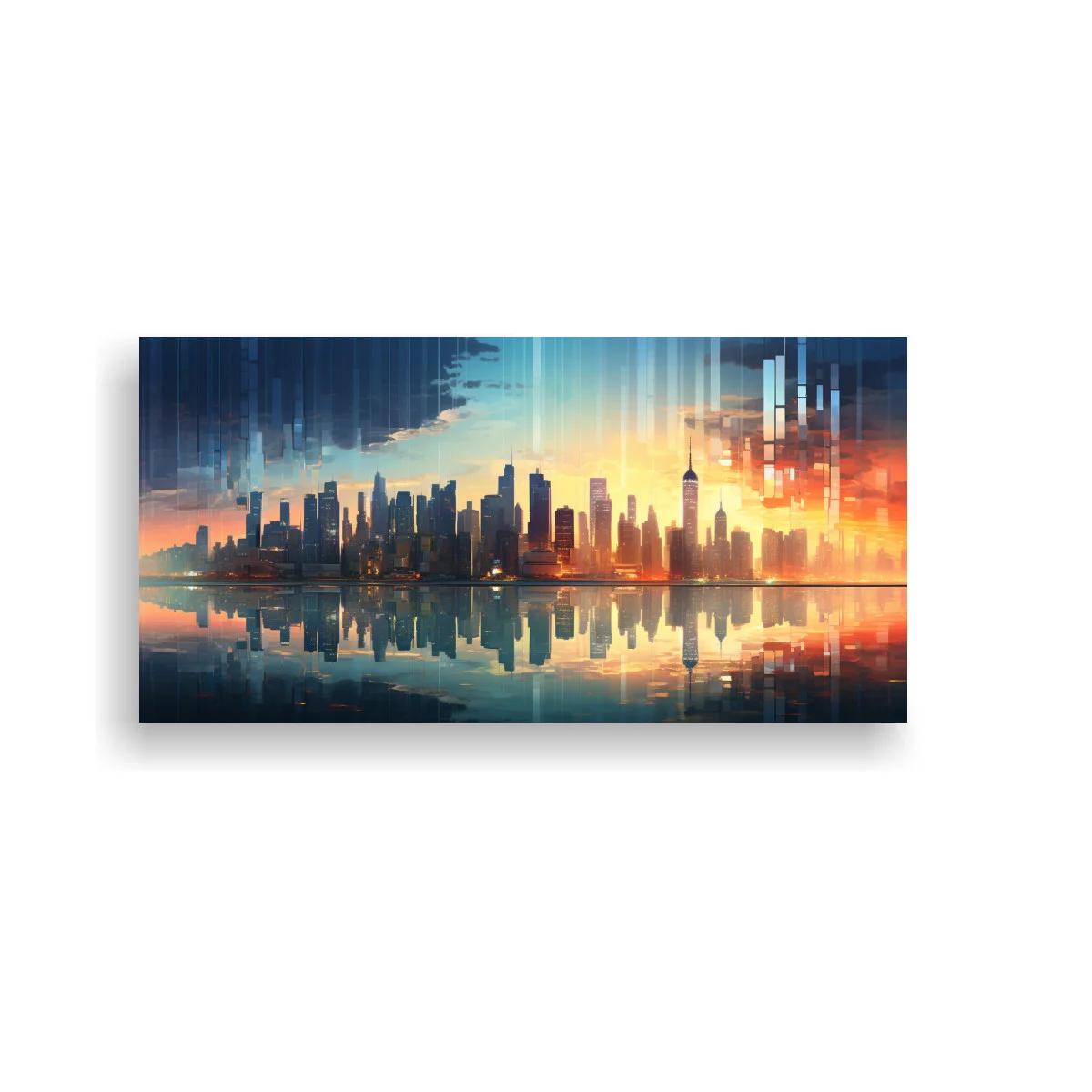 Cuadro skyline urbano al atardecer con reflejo difuminado