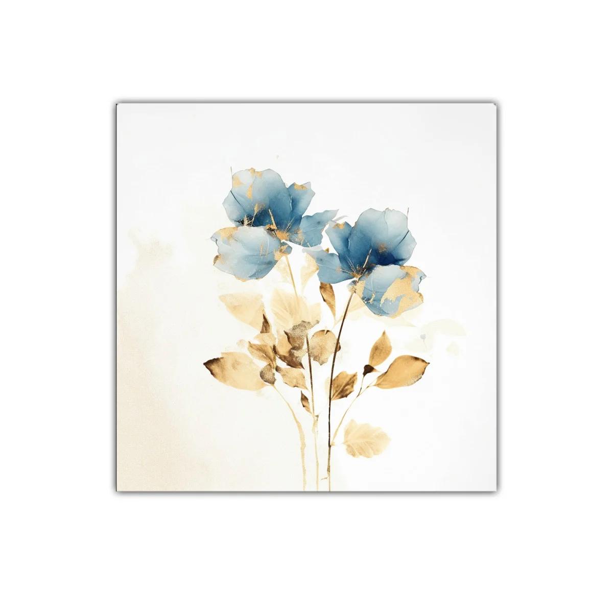 Cuadro decorativo con flores azules y detalles dorados — imagen principal