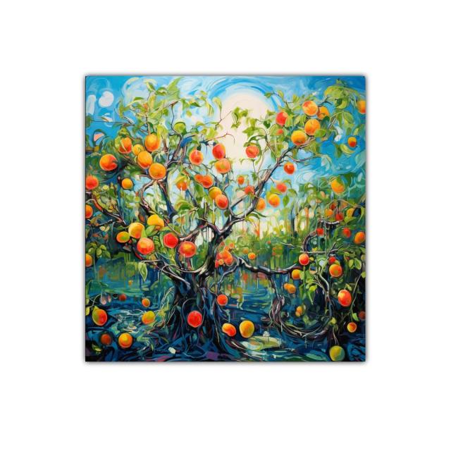 Cuadro vibrante con árbol frutal en abundancia de colores