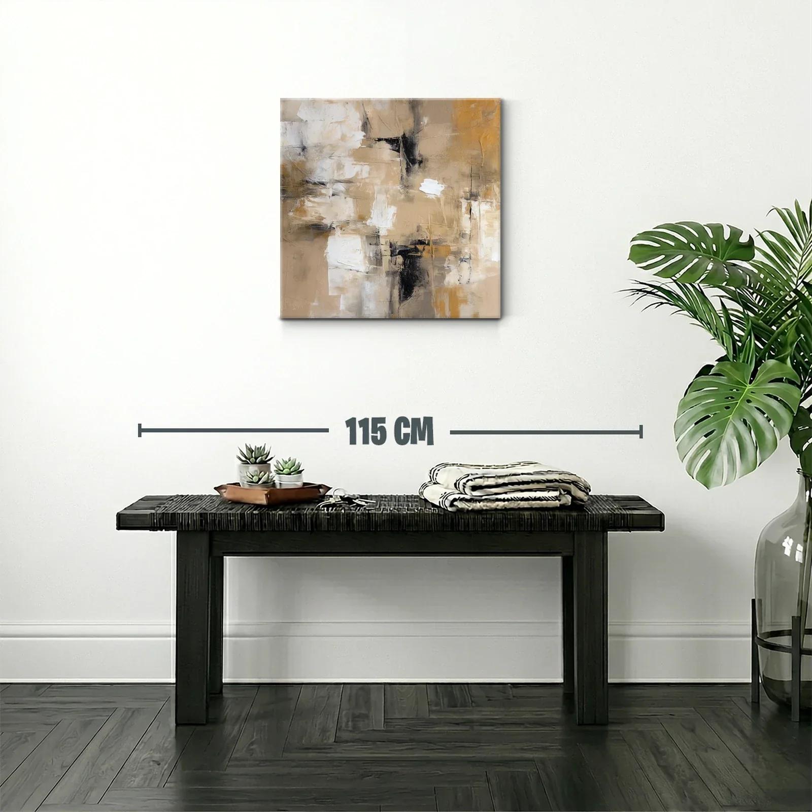 Cuadro abstracto en tonos beige y ocres con contraste negro — miniatura 2