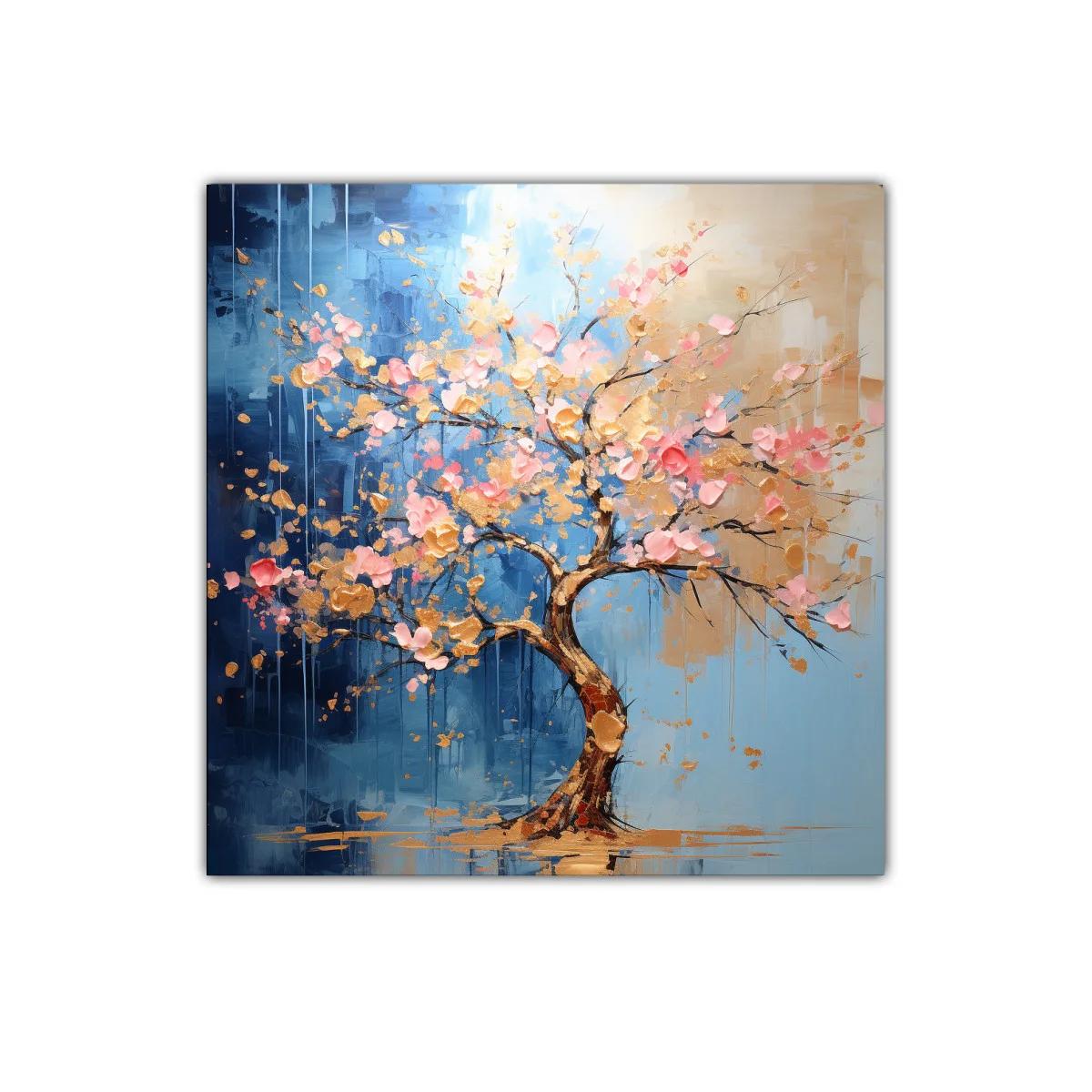 Árbol florido con tonos rosas y dorados sobre fondo azul