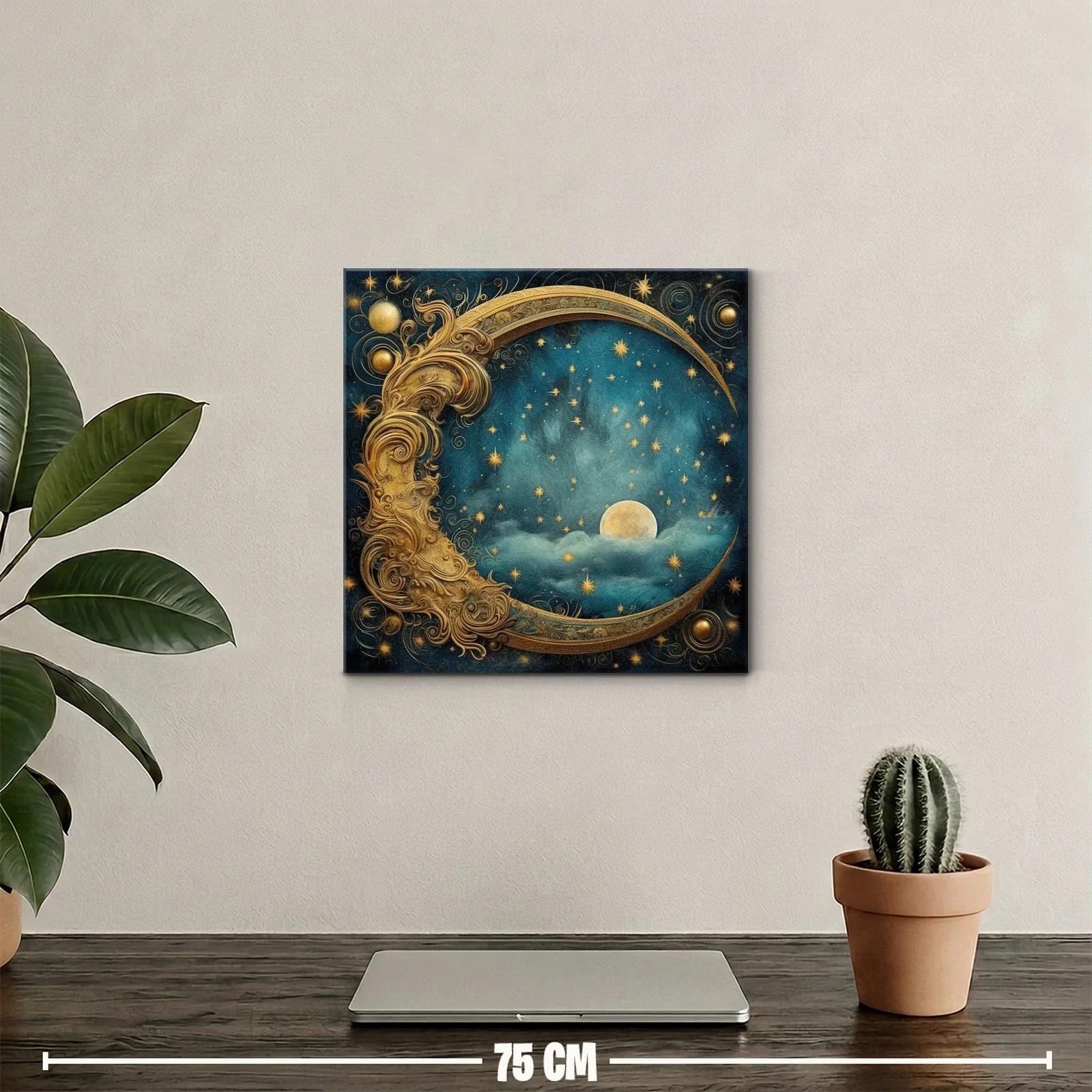 Luna Dorada entre Estrellas en Cielo Nocturno Azul Profundo — miniatura 2