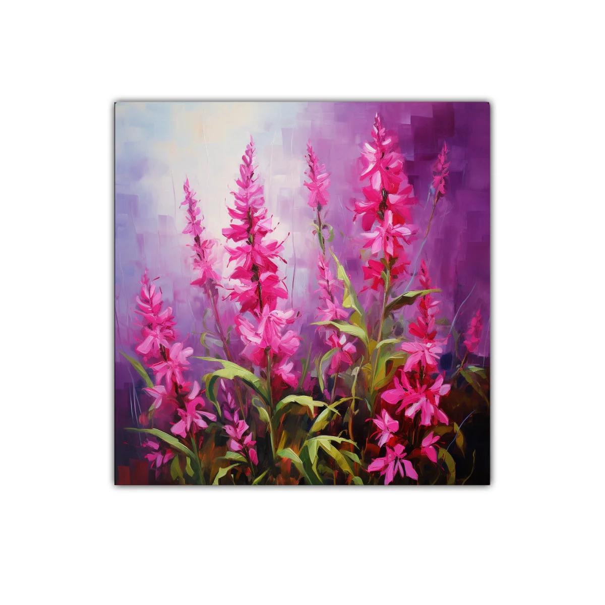 Cuadro decorativo con vibrantes flores rosas y fondo violeta — imagen principal