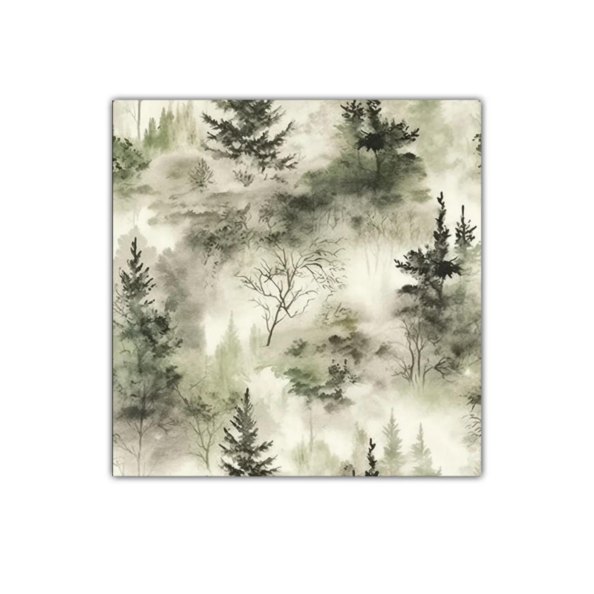 Cuadro de bosque brumoso con tonos verdes suaves
