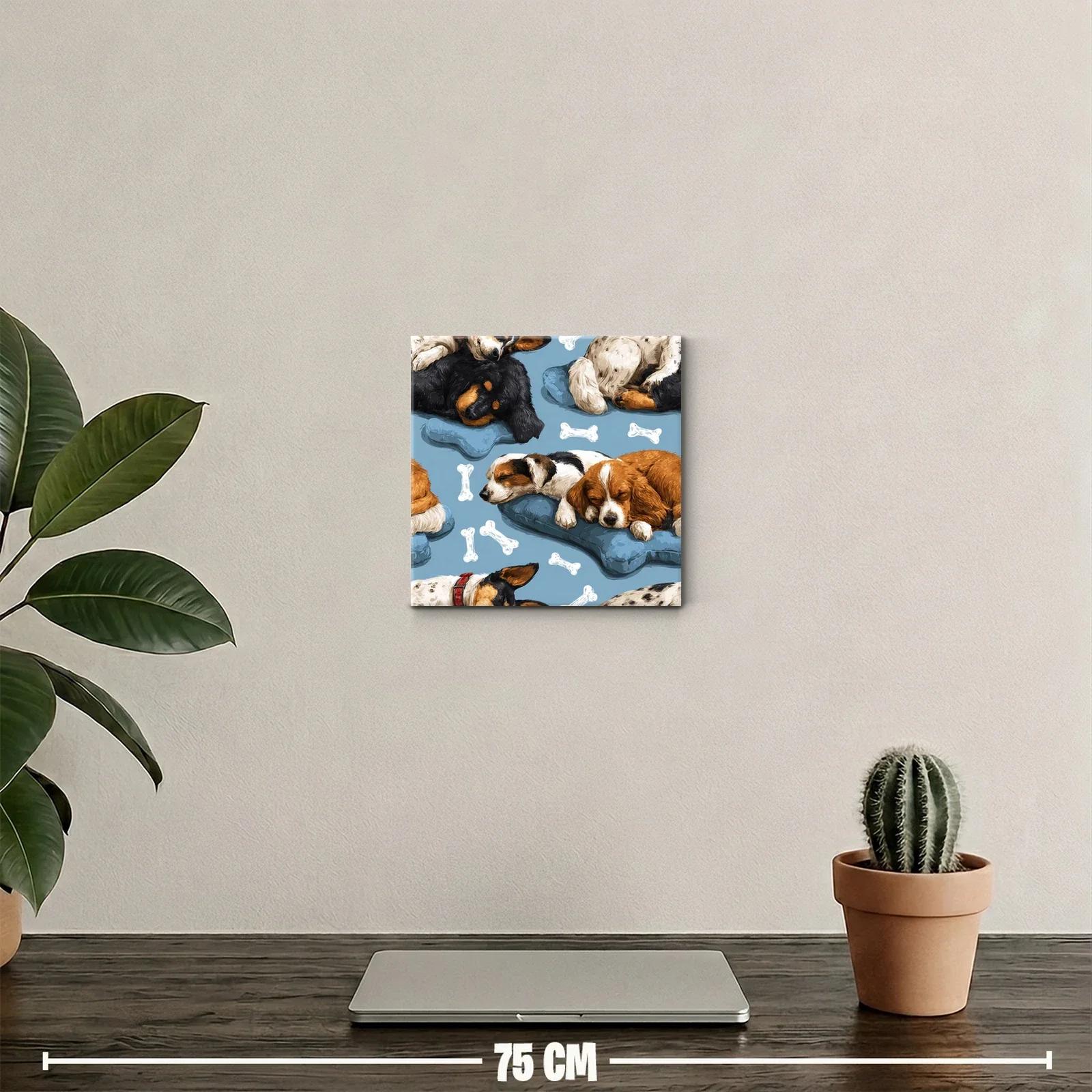 Cuadro decorativo con cachorros dormidos sobre cojines azules — miniatura 2