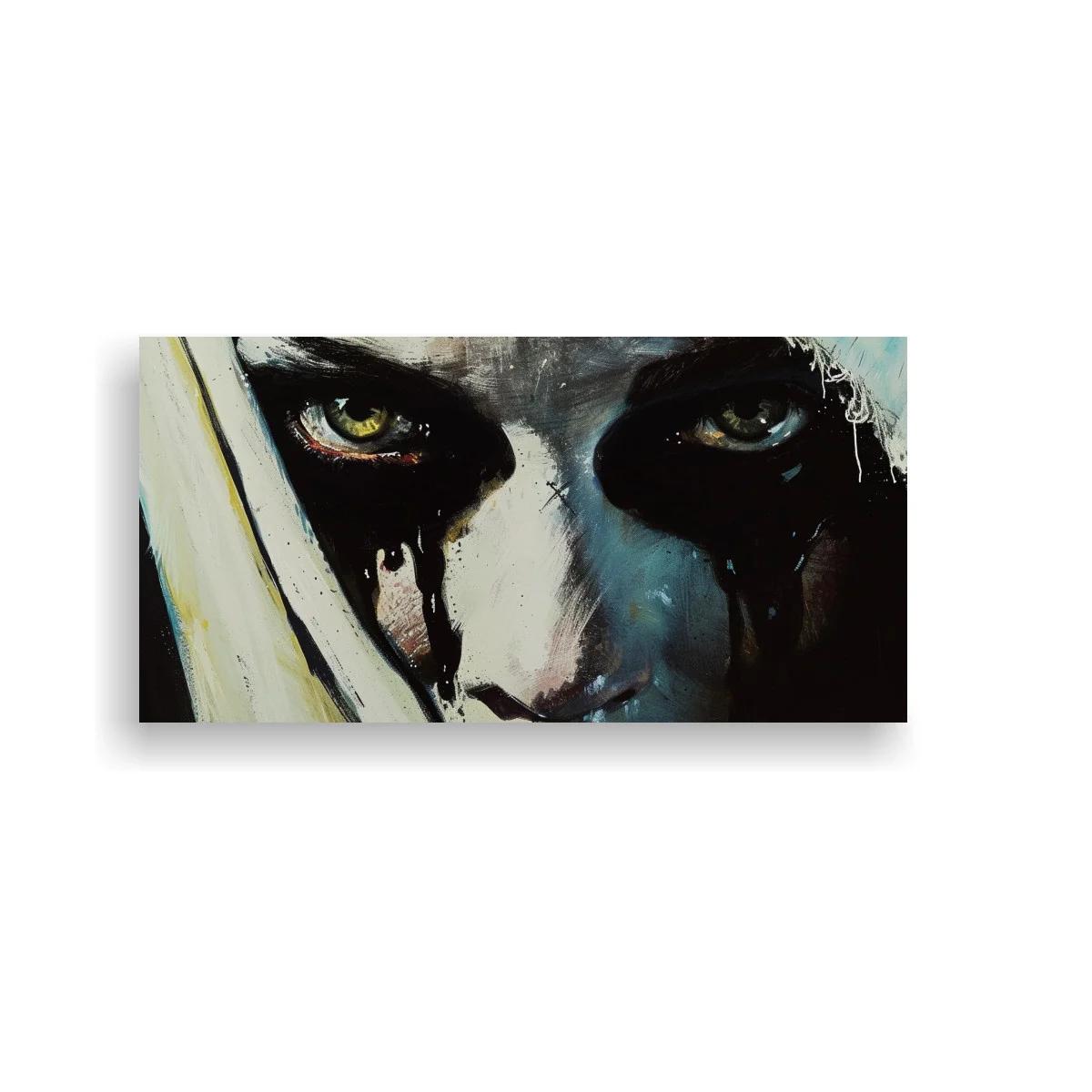 Cuadro rostro femenino con lágrimas negras y ojos intensos