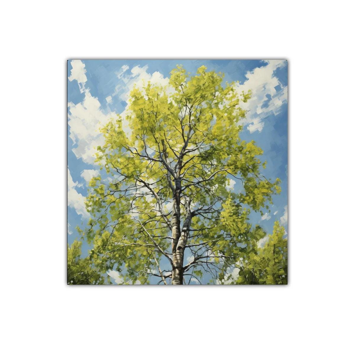 Cuadro de árbol con follaje verde bajo cielo azul claro