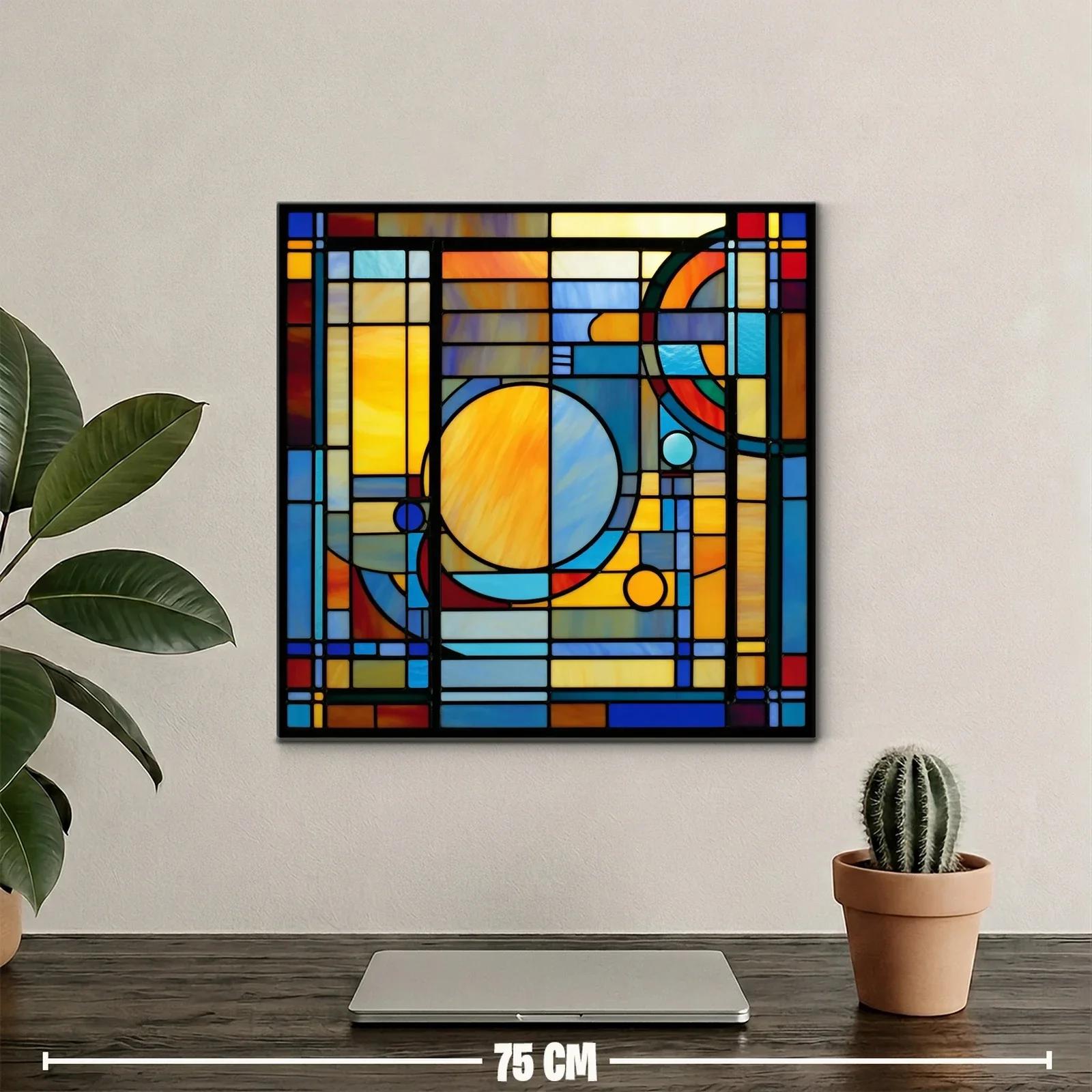 Cuadro geométrico con tonos cálidos y fríos en vitrales — miniatura 2