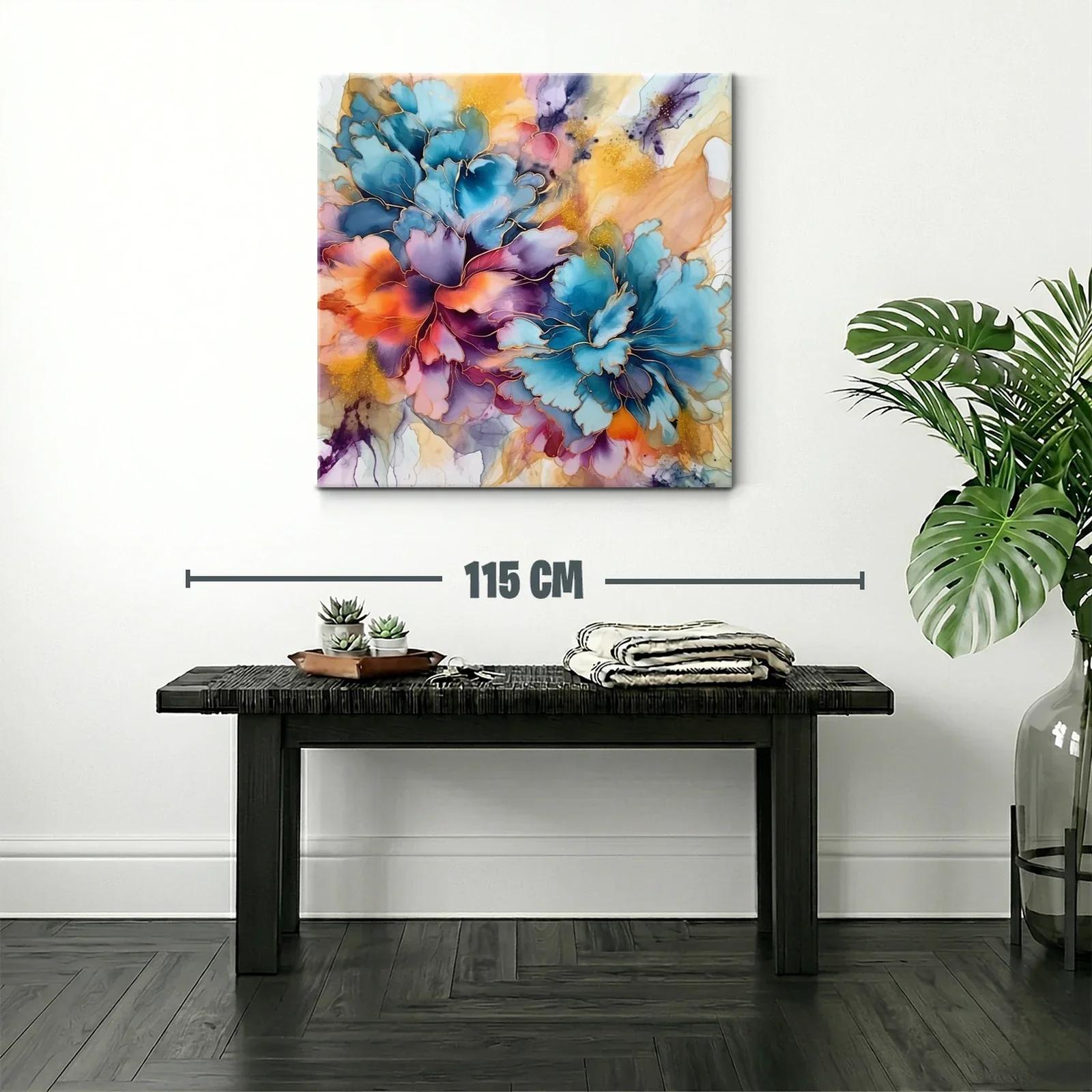 Cuadro floral vibrante con tonos azul y naranja intensos — miniatura 2
