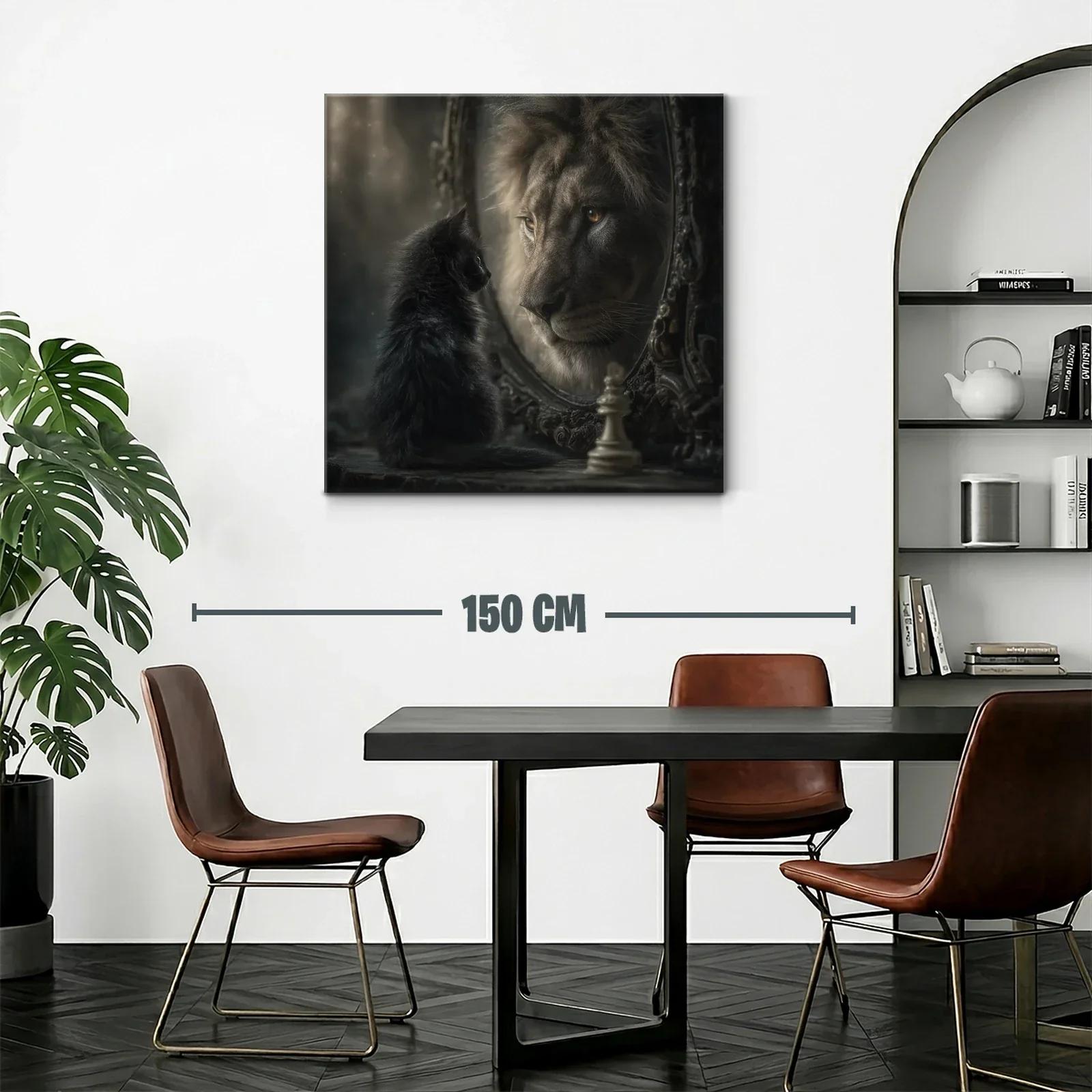Gato negro mirando león en espejo con ajedrez artístico — miniatura 2