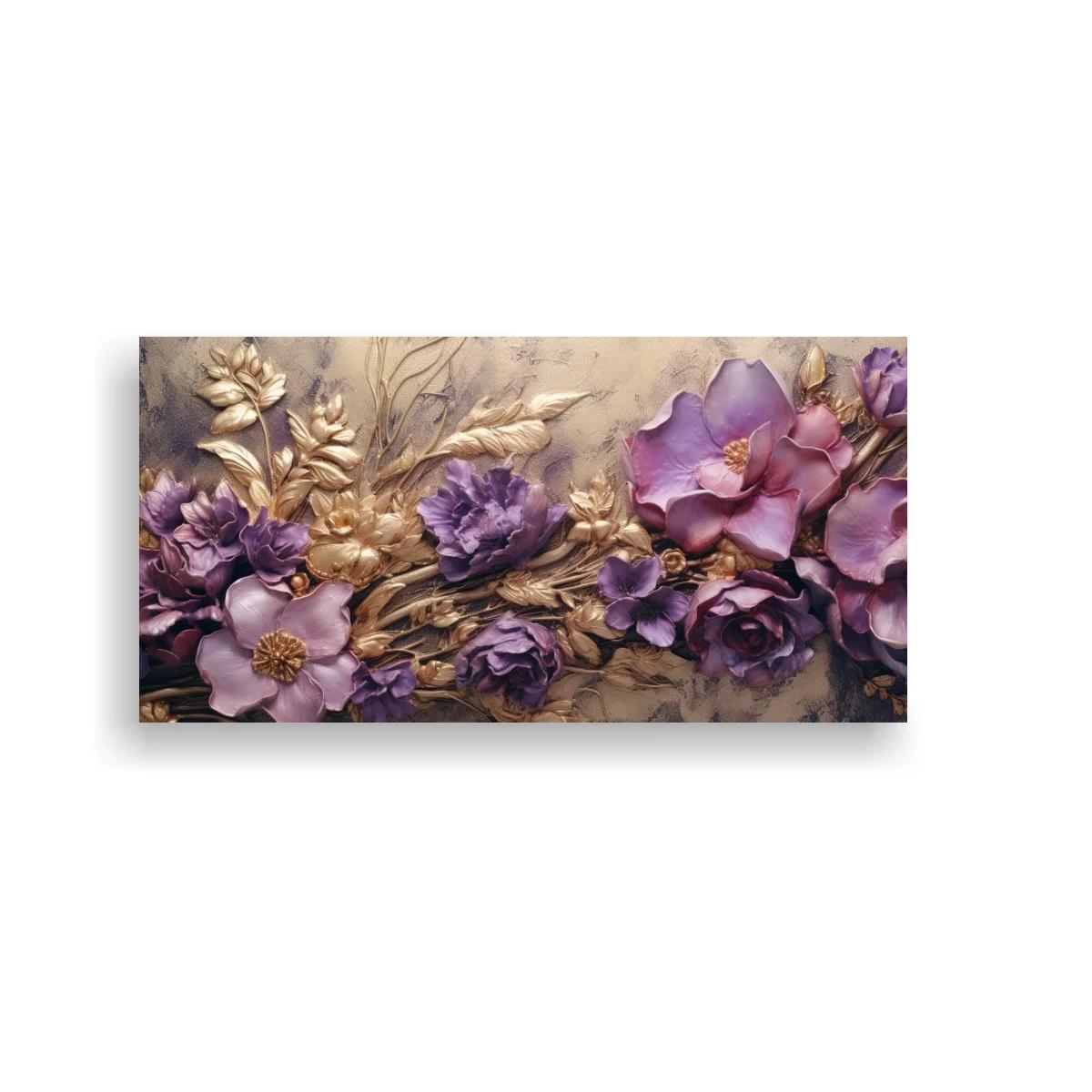 Cuadro flores moradas con follaje dorado