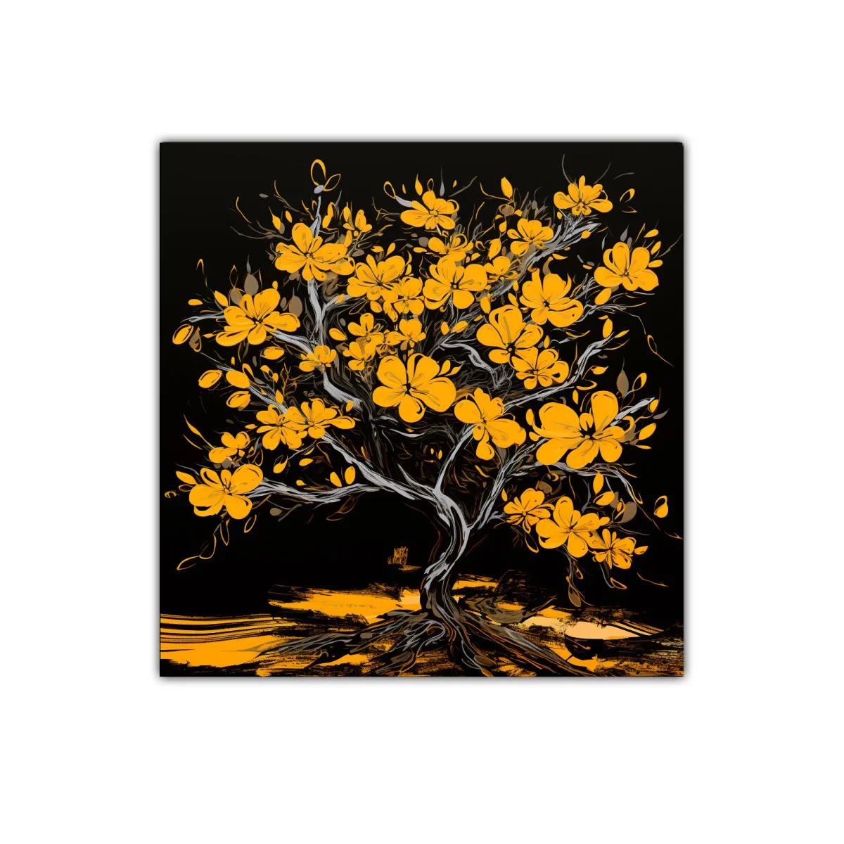 Árbol con flores amarillas sobre fondo negro intenso
