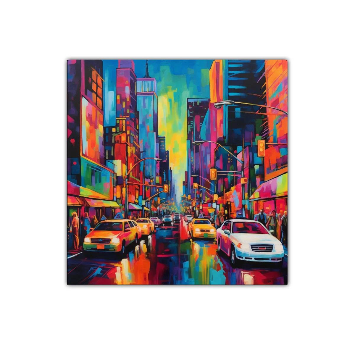 Ciudad vibrante al atardecer con luces luminosas y coches