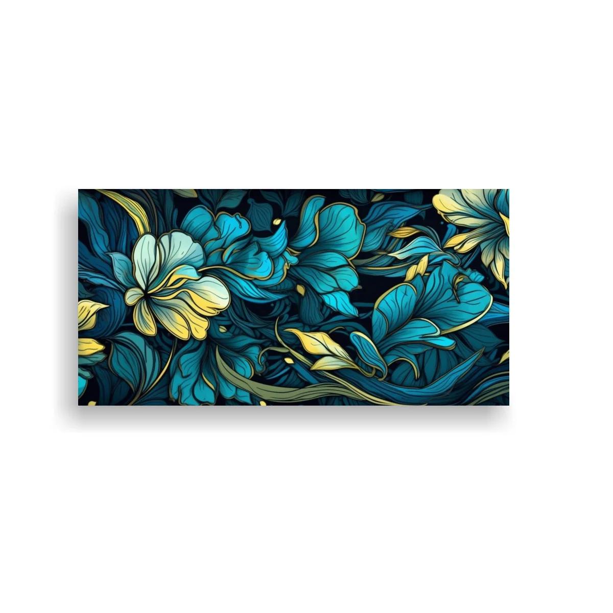 Cuadro flores tropicales azules con líneas fluidas y dorado