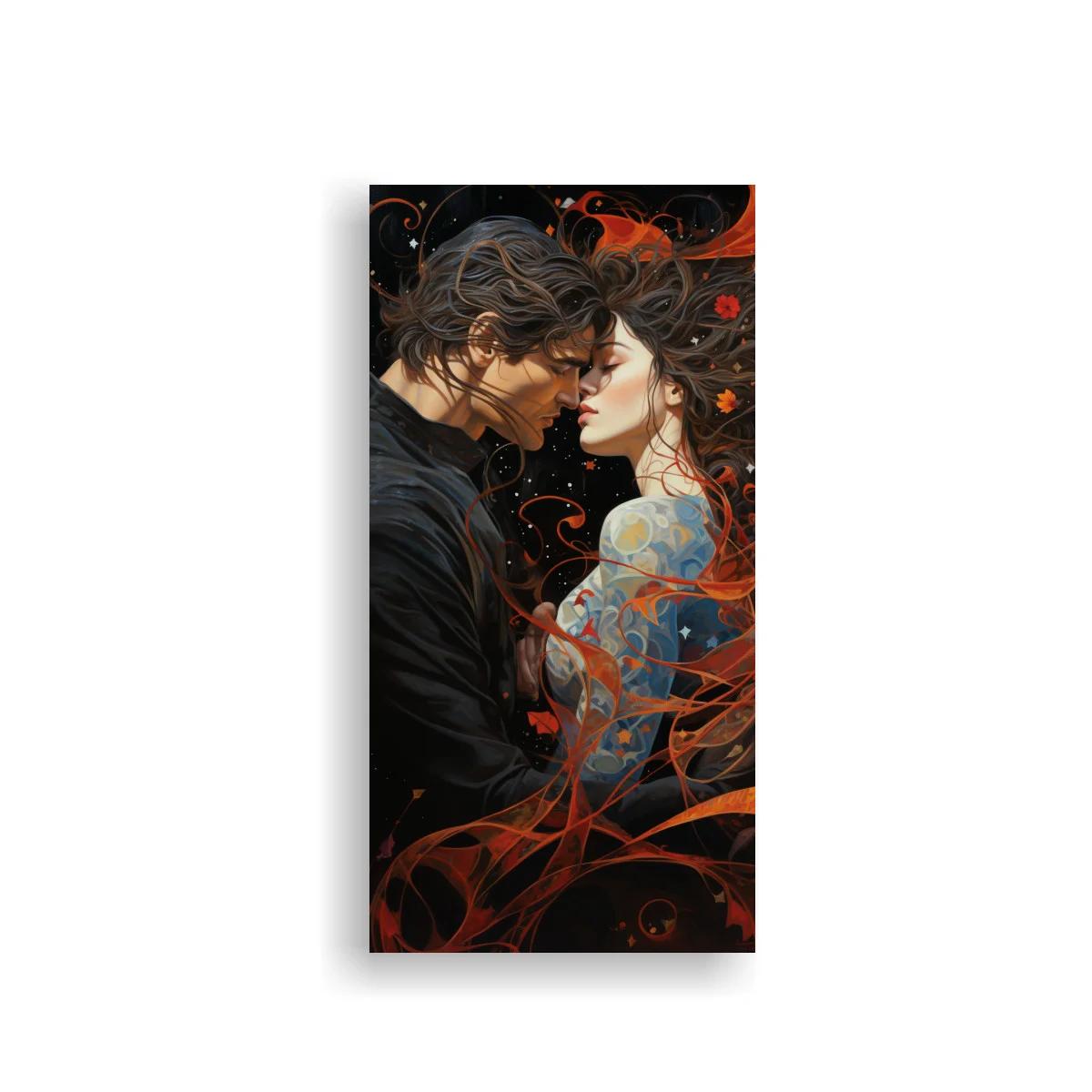 Cuadro pareja abrazándose con flores y ramas entrelazadas