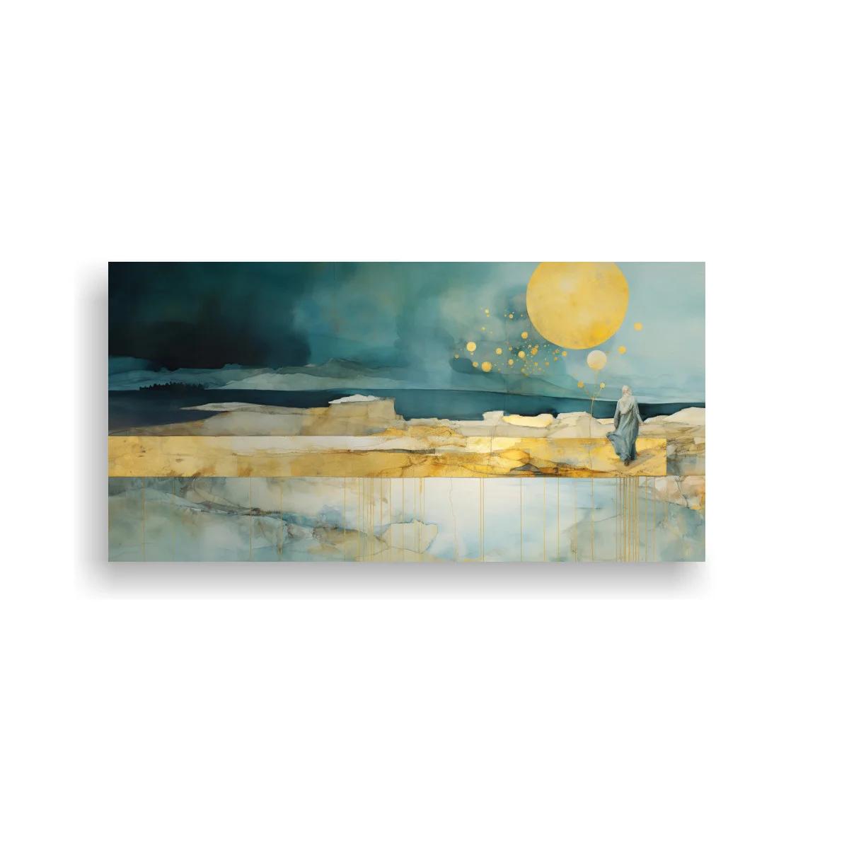 Cuadro paisaje abstracto con luna llena y estratos rocosos