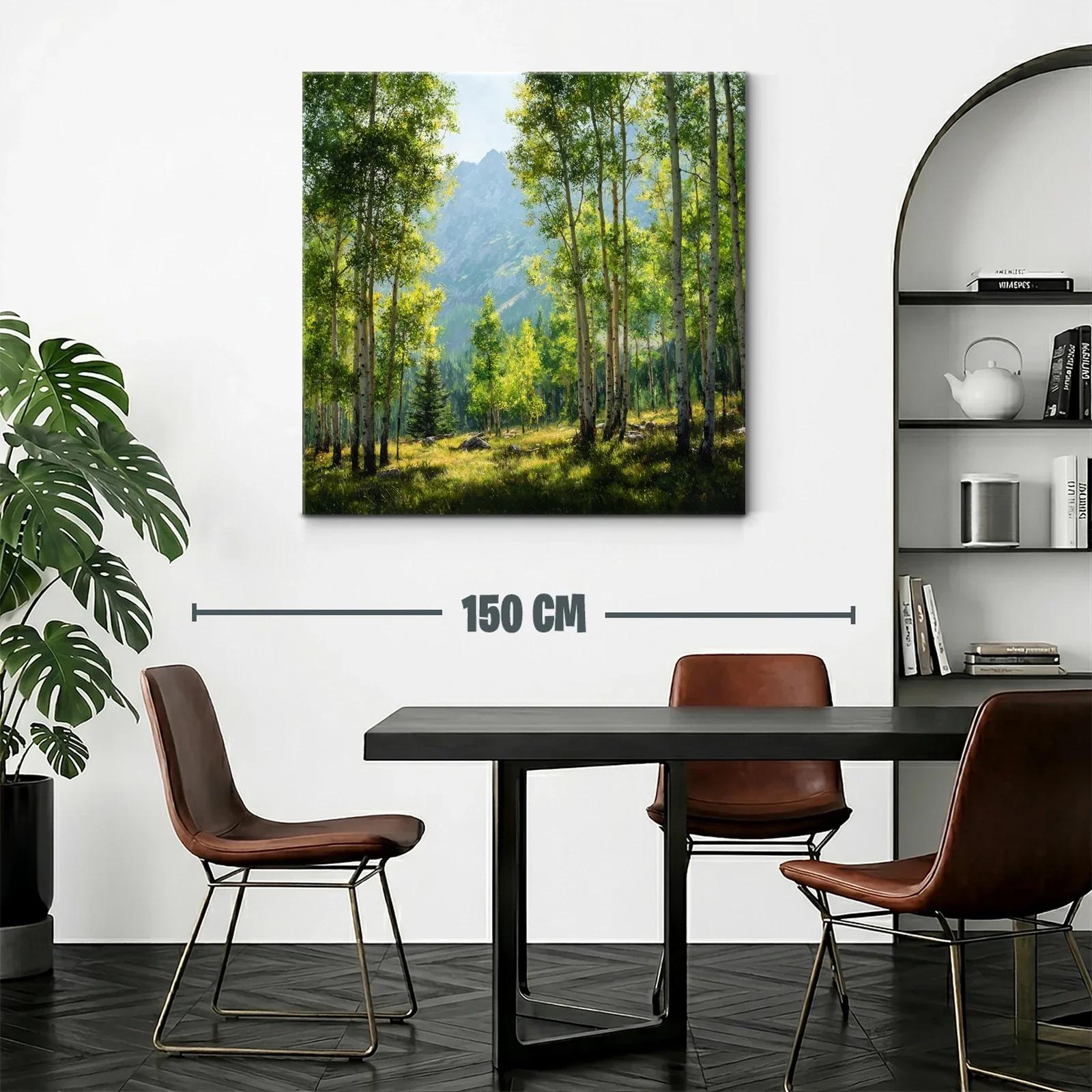 Bosque iluminado con montañas al fondo en tonos verdes y azules — miniatura 2