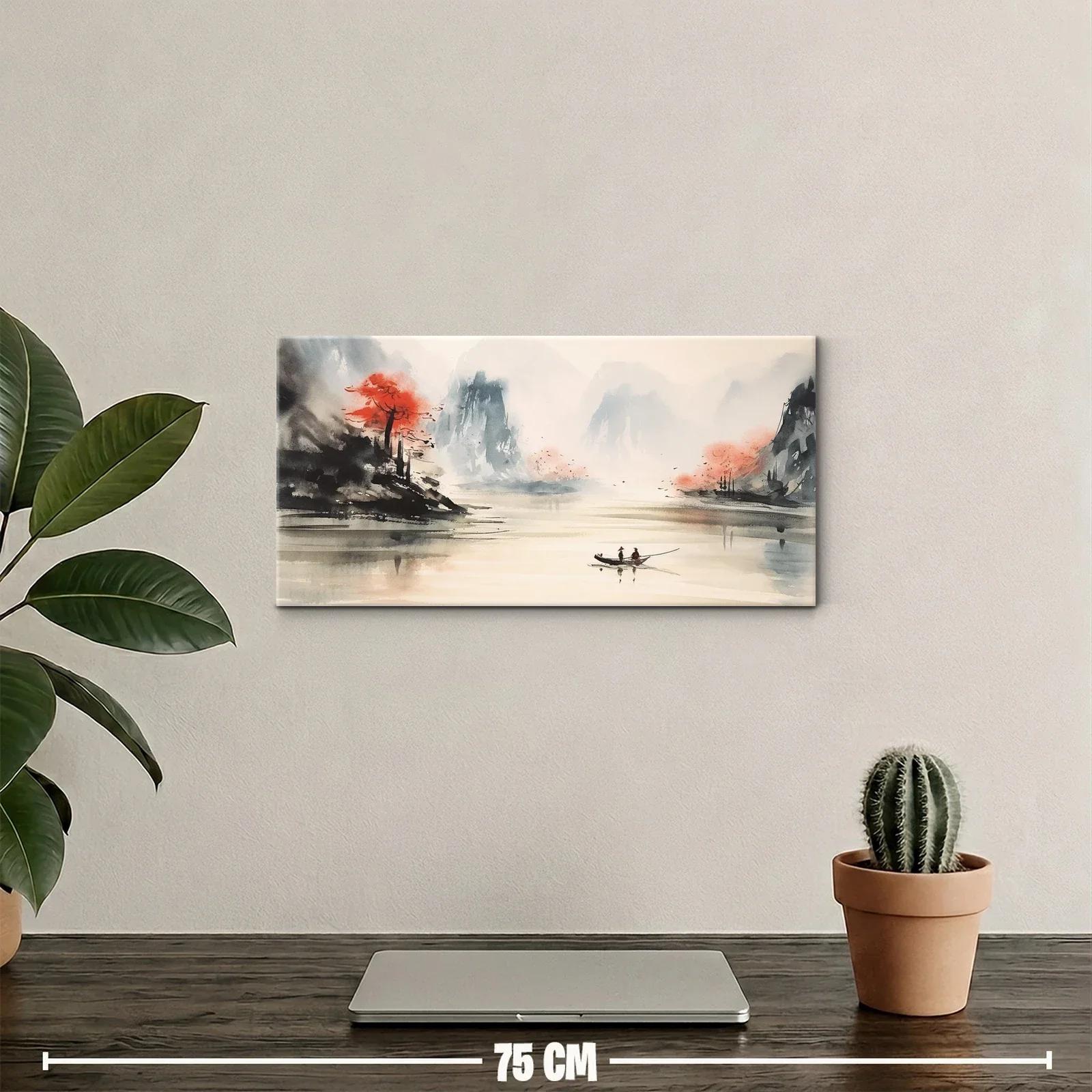 Cuadro paisaje lacustre con montañas y bote pequeño — miniatura 2