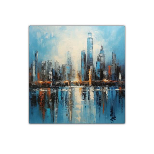 Cuadro panorámico moderno con ciudad reflejada en agua