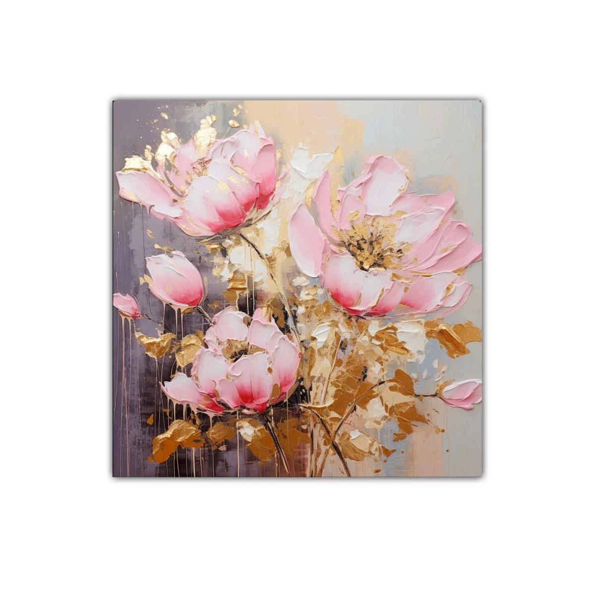 Cuadro decorativo con flores rosas y toques dorados