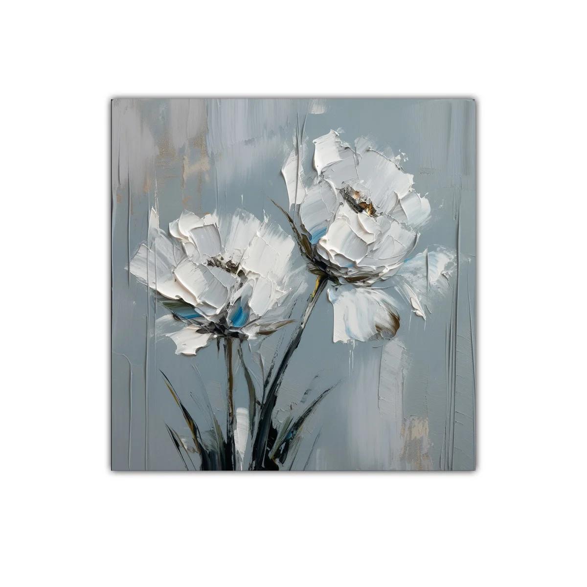 Cuadro moderno con flores blancas sobre fondo gris azulado — imagen principal