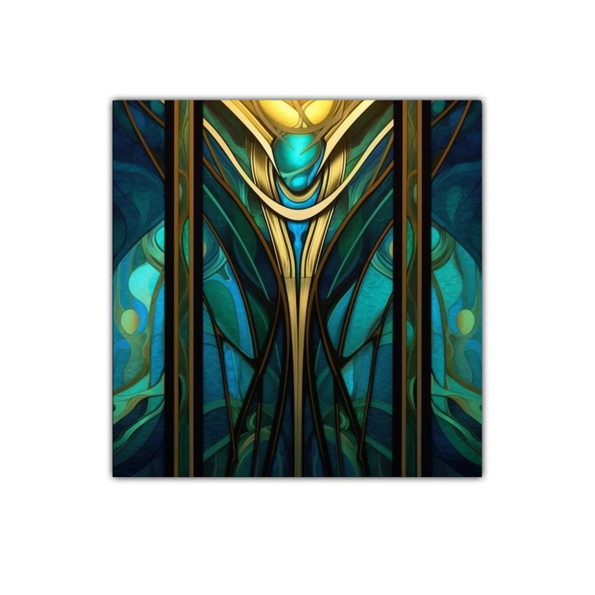 Cuadro abstracto con motivos dorados y turquesas vibrantes