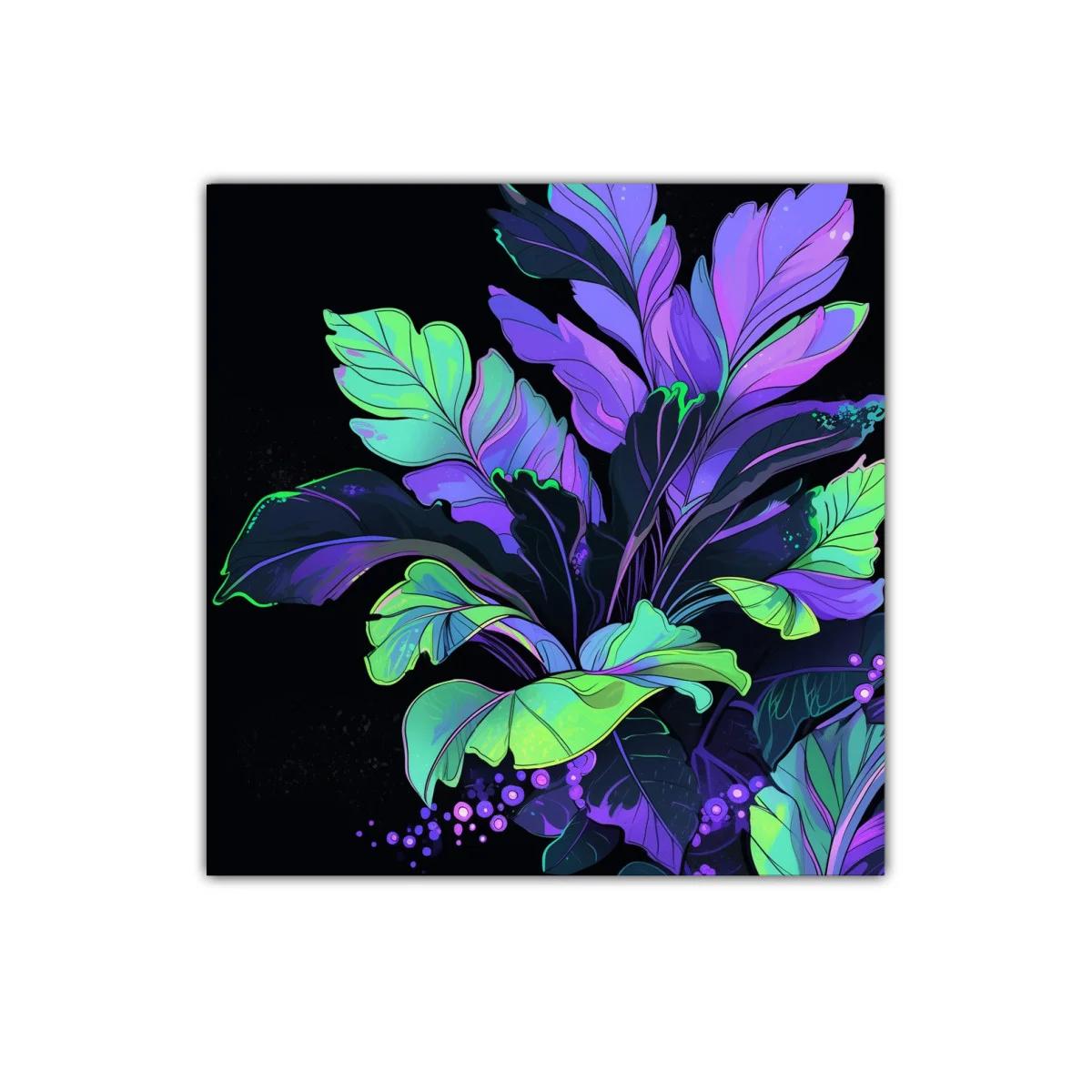 Cuadro decorativo con hojas vibrantes en tonos morados y verdes